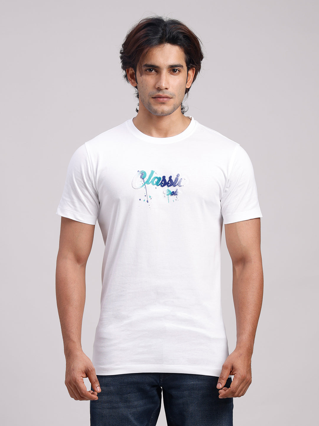 Classic Polo Men's Half Sleeve White Round Neck Slim Fit Embossed Print Cotton T-Shirt | BALENO - 636 A SF C
