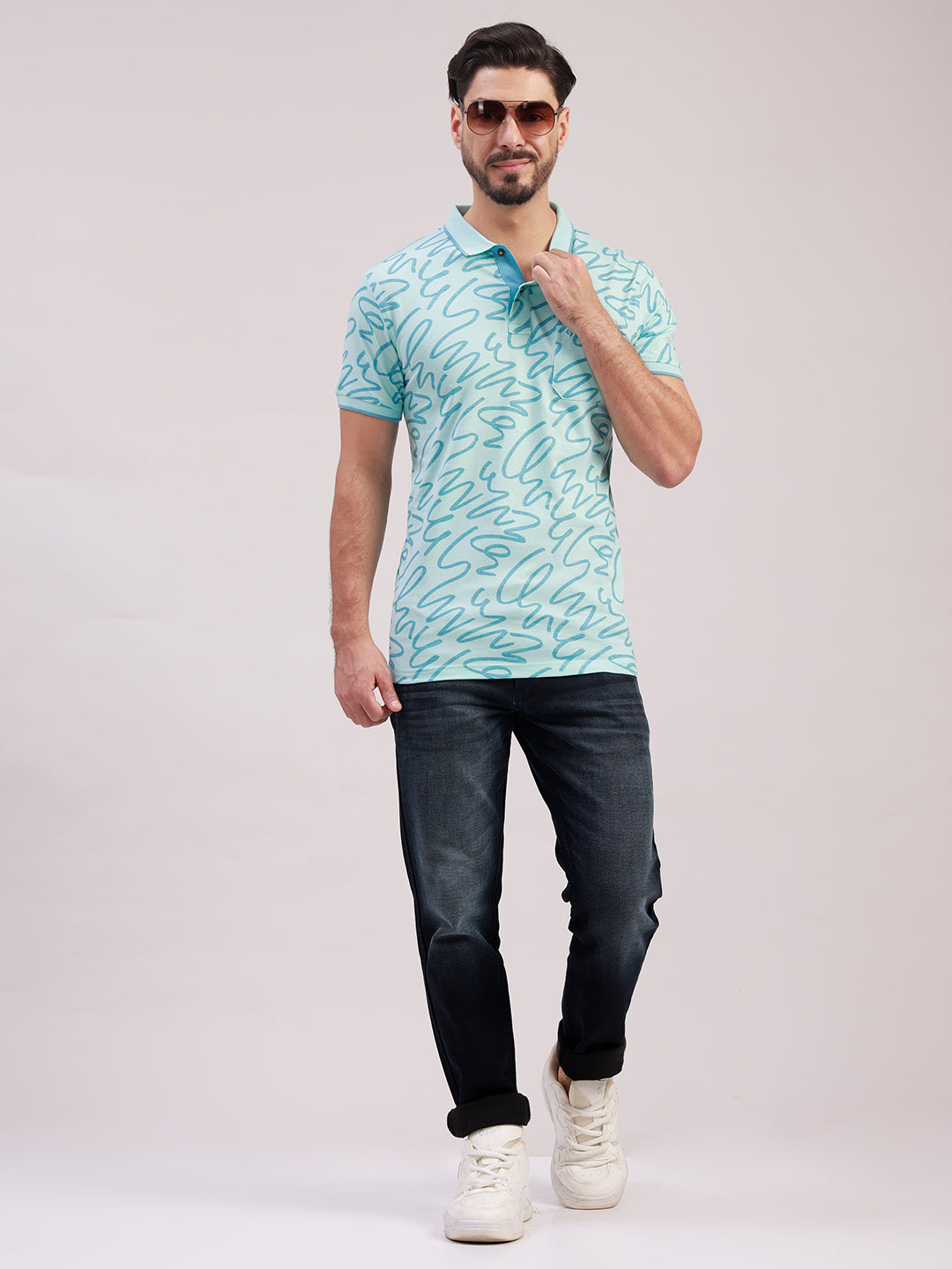 Classic Polo Men's Half Sleeve Aqua Blue Polo Neck Slim Fit All-Over Print Cotton T-Shirt | LTS-AOP - 120 A SF P