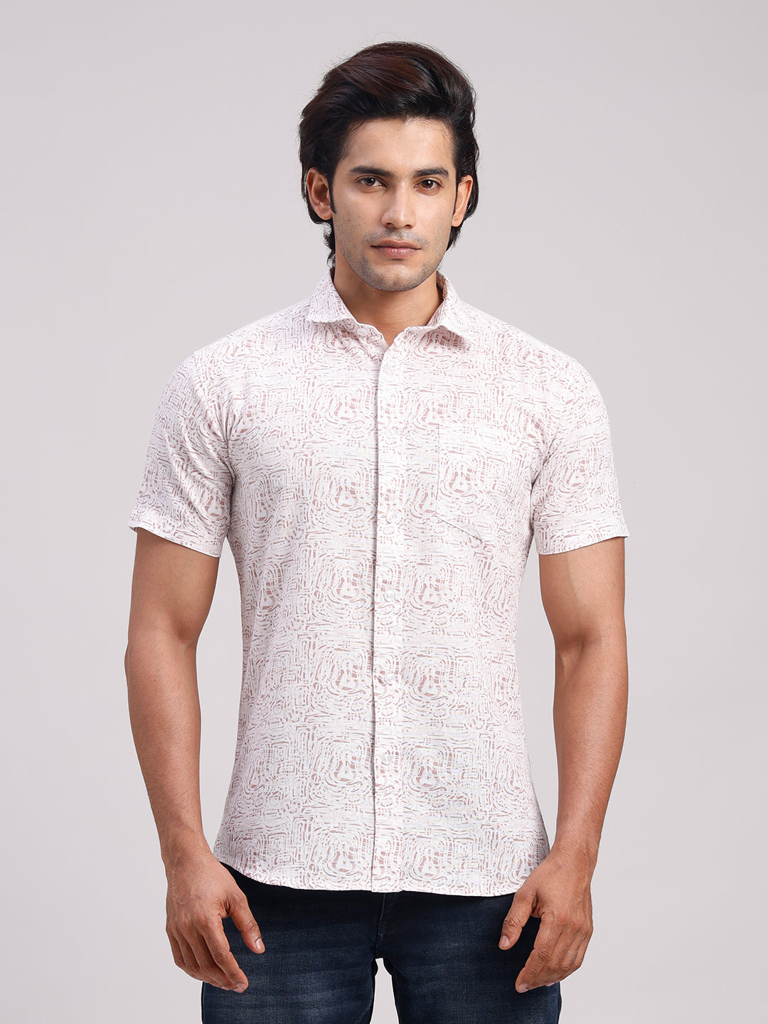 Classic Polo Men's Half Sleeve Off-White/Light Brown Polo Neck Slim Fit All-Over Print Cotton Casual Shirt | SR1-GN-07 B-HS-PRT-SF