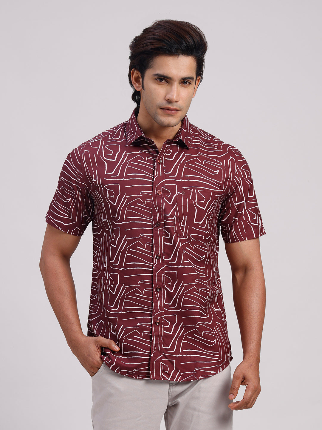 Classic Polo Men's Half Sleeve Burgundy/White Polo Neck Slim Fit All-Over Print Cotton Casual Shirt | SR1-CL-16 A-HS-PRT-SF