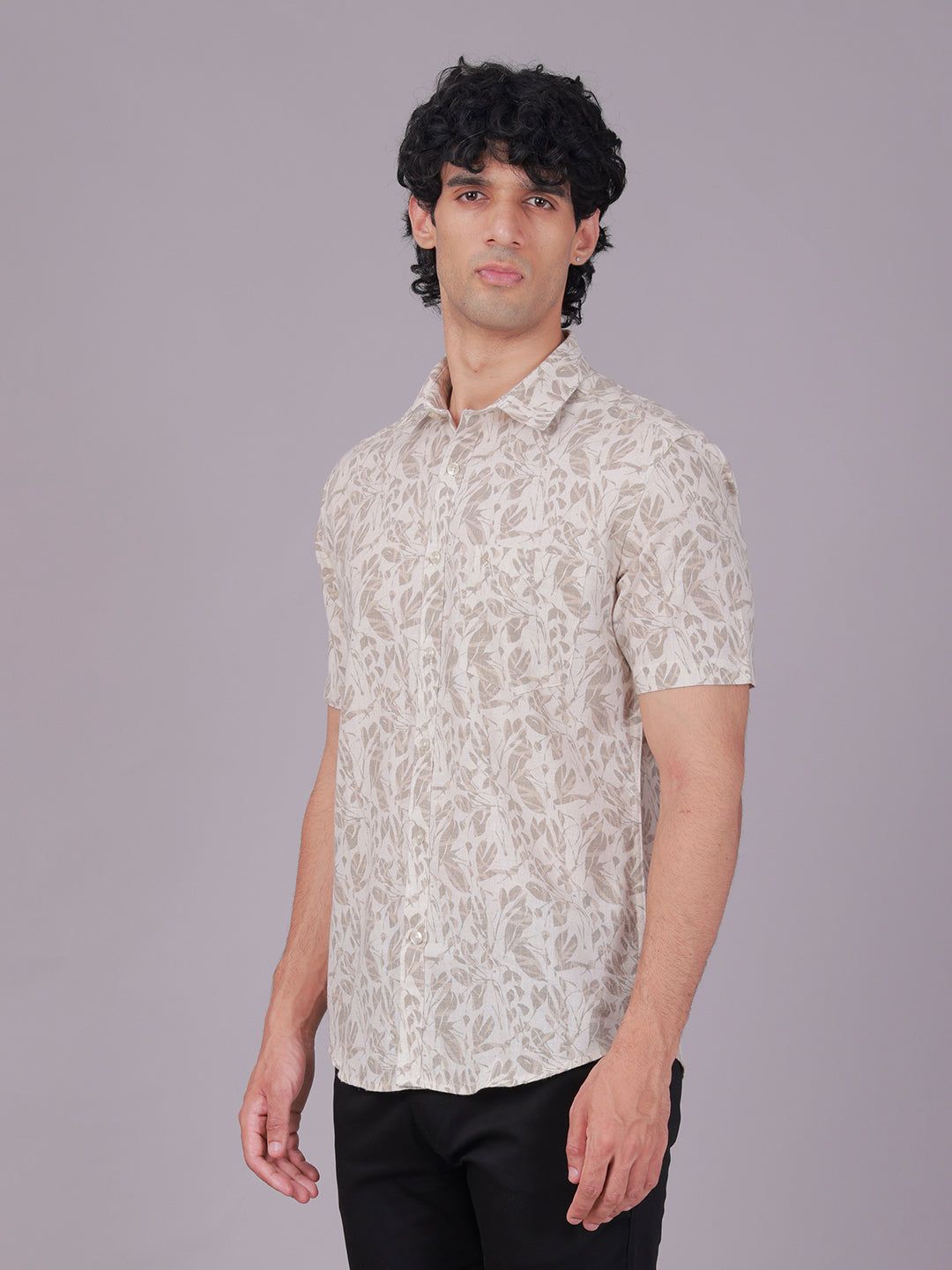 Classic Polo Men's Half Sleeve Cream/Brown Polo Neck Slim Fit All-Over Print Cotton Casual Shirt | SR1-EL-08 A-HS-PRT-SF