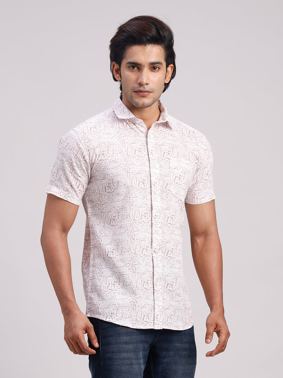 Classic Polo Men's Half Sleeve Off-White/Light Brown Polo Neck Slim Fit All-Over Print Cotton Casual Shirt | SR1-GN-07 B-HS-PRT-SF