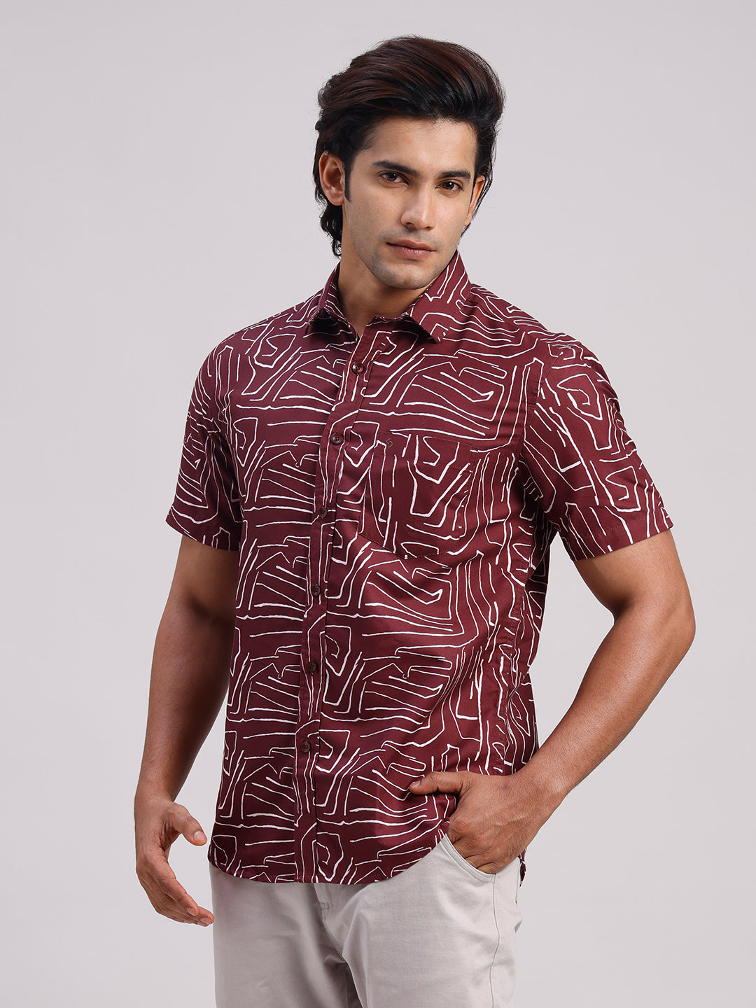 Classic Polo Men's Half Sleeve Burgundy/White Polo Neck Slim Fit All-Over Print Cotton Casual Shirt | SR1-CL-16 A-HS-PRT-SF