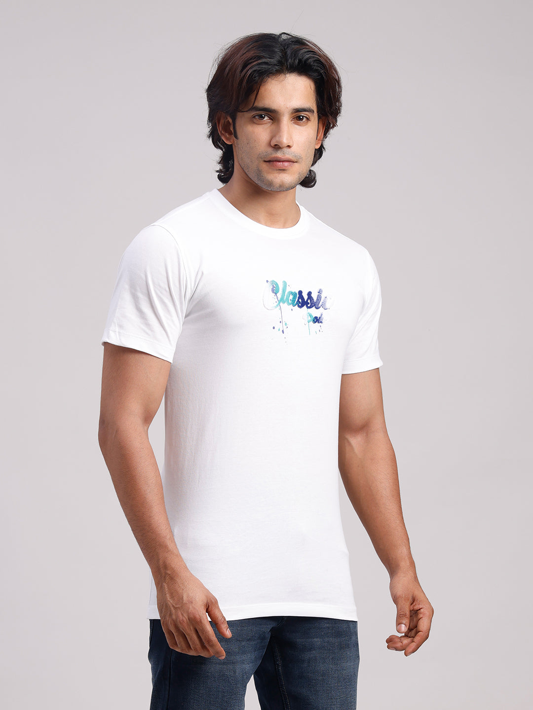 Classic Polo Men's Half Sleeve White Round Neck Slim Fit Embossed Print Cotton T-Shirt | BALENO - 636 A SF C