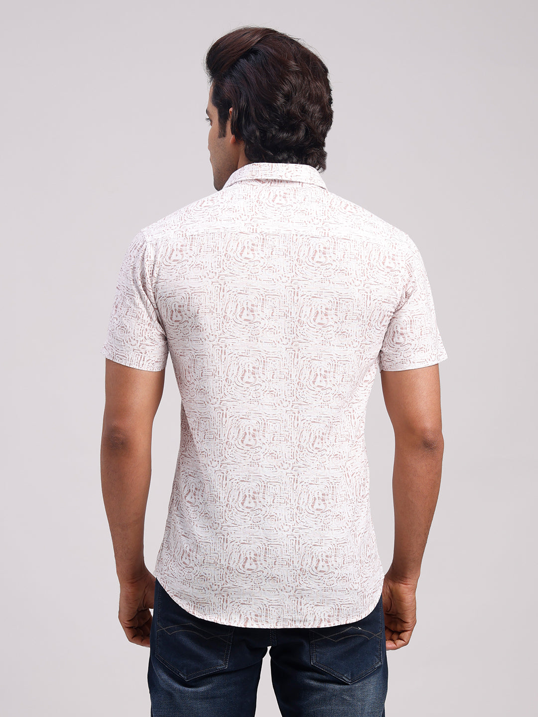 Classic Polo Men's Half Sleeve Off-White/Light Brown Polo Neck Slim Fit All-Over Print Cotton Casual Shirt | SR1-GN-07 B-HS-PRT-SF