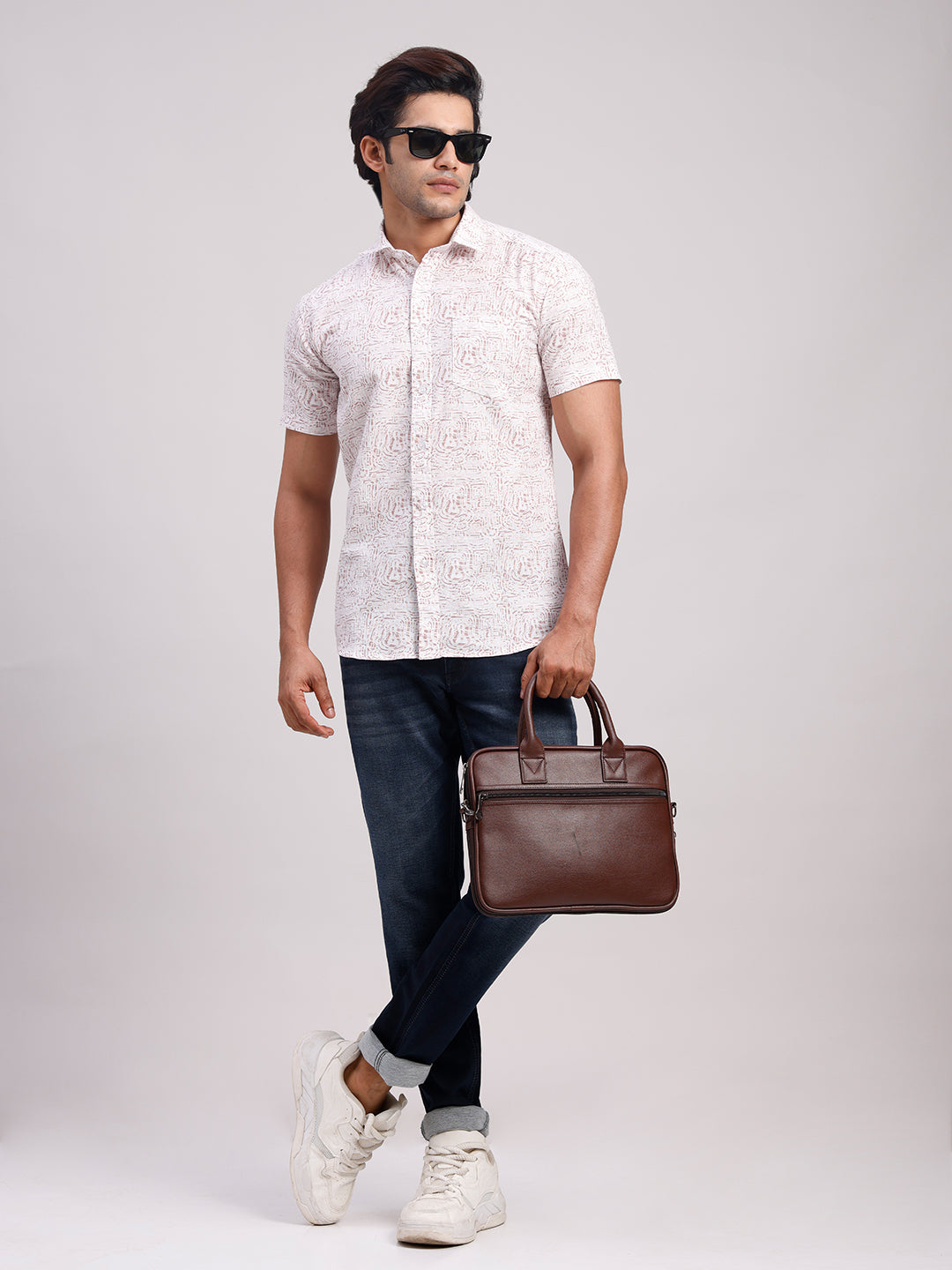 Classic Polo Men's Half Sleeve Off-White/Light Brown Polo Neck Slim Fit All-Over Print Cotton Casual Shirt | SR1-GN-07 B-HS-PRT-SF