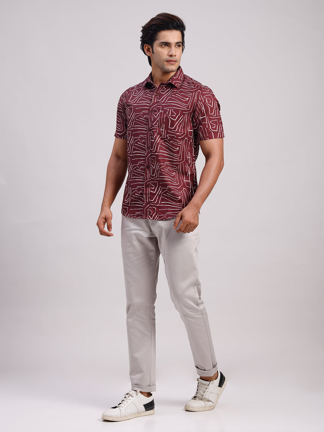 Classic Polo Men's Half Sleeve Burgundy/White Polo Neck Slim Fit All-Over Print Cotton Casual Shirt | SR1-CL-16 A-HS-PRT-SF