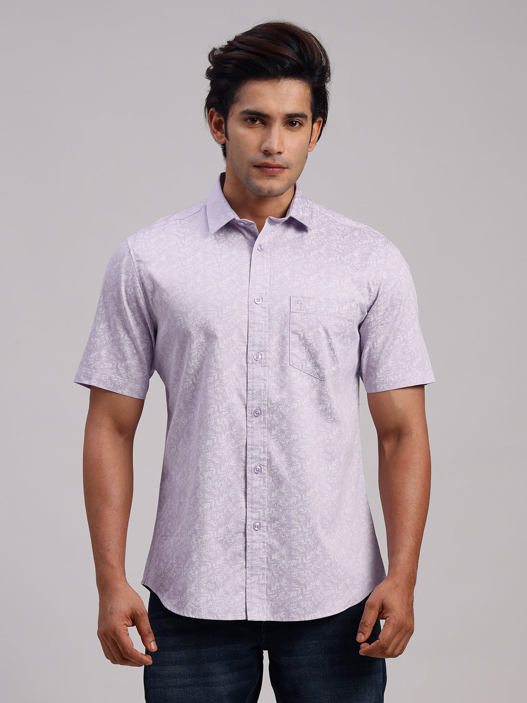 Classic Polo Men's Half Sleeve Light Lavender/White Polo Neck Slim Fit All-Over Print Cotton Casual Shirt | LSHR1-CL-18 A-HS-PRT-SF