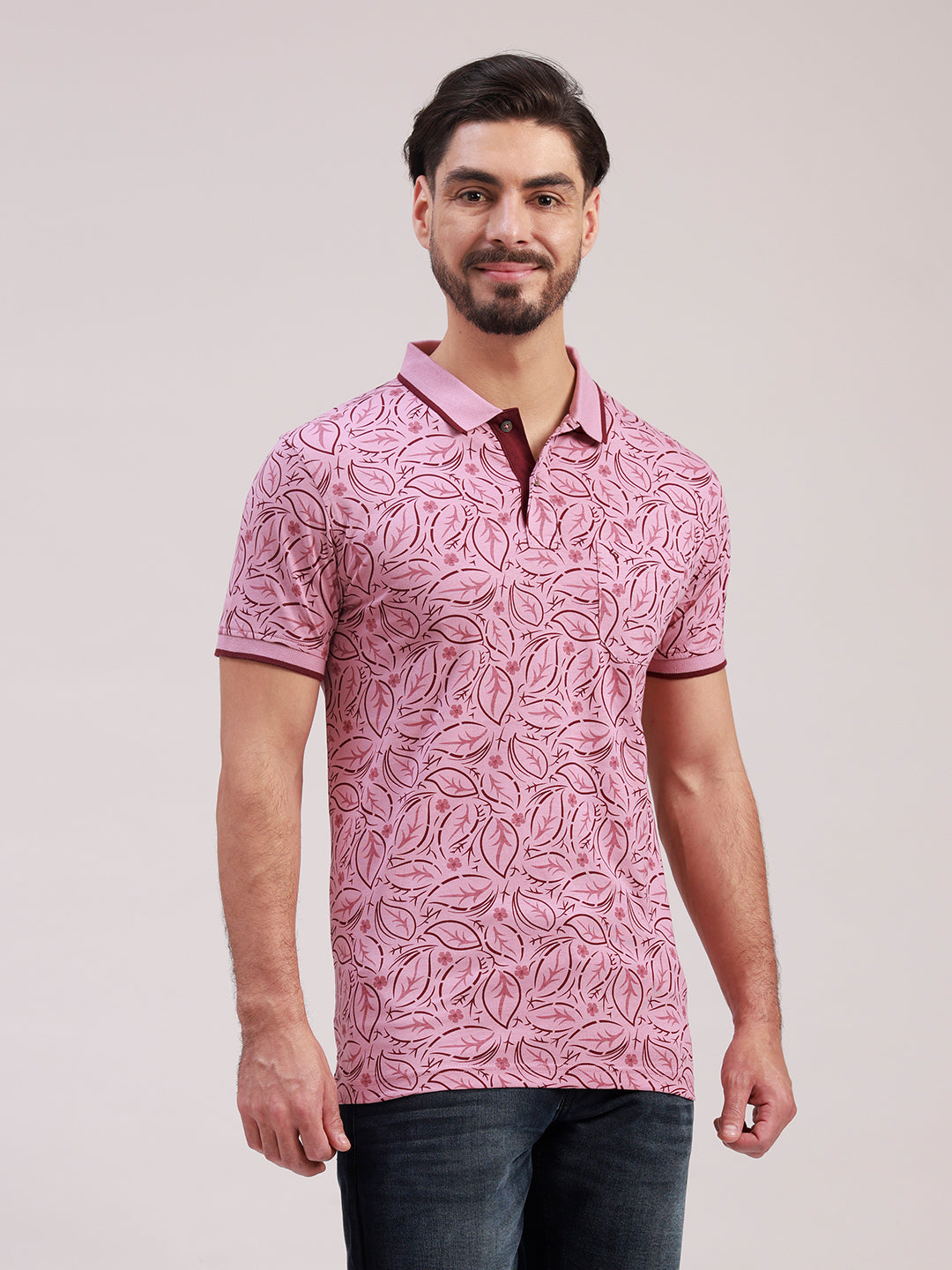 Classic Polo Men's Half Sleeve Pink/Maroon Polo Neck Slim Fit All-Over Print Cotton T-Shirt | LTS-AOP - 126 A SF P
