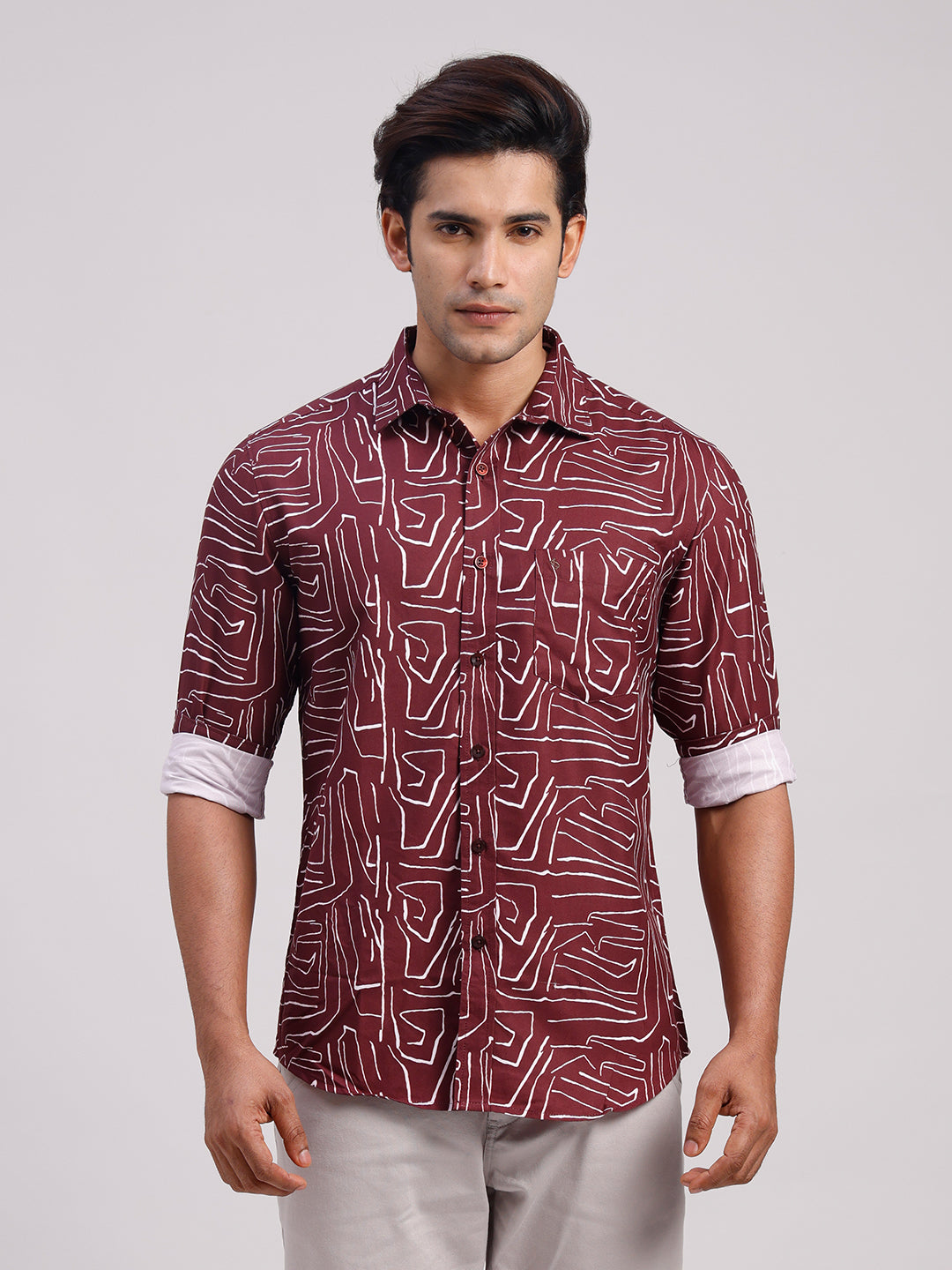 Classic Polo Men's Full Sleeve Burgundy/White Polo Neck Slim Fit All-Over Print Cotton Casual Shirt | SR1-CL-16 A-FS-PRT-SF