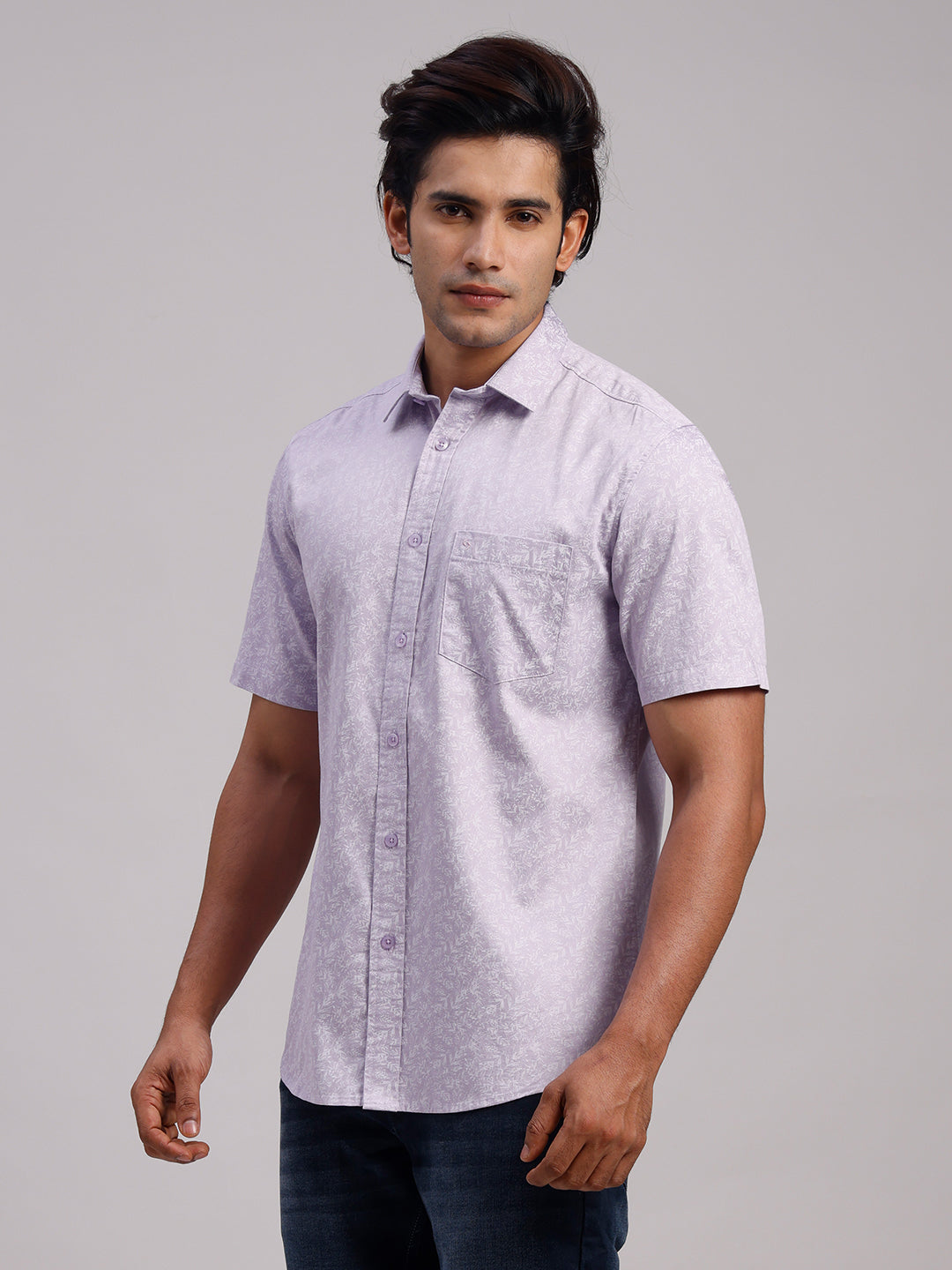 Classic Polo Men's Half Sleeve Light Lavender/White Polo Neck Slim Fit All-Over Print Cotton Casual Shirt | LSHR1-CL-18 A-HS-PRT-SF