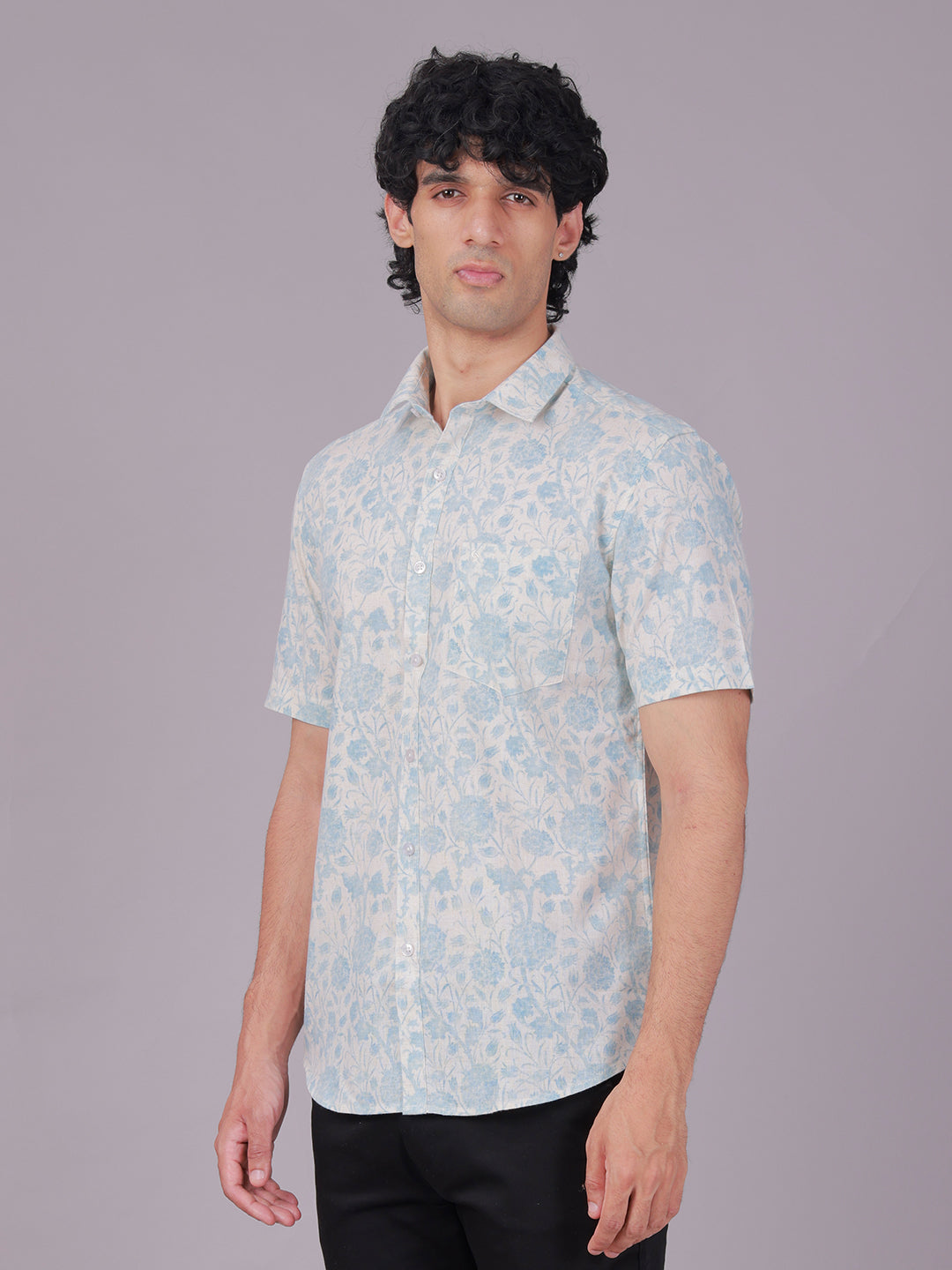 Classic Polo Men's Half Sleeve White/Blue Polo Neck Slim Fit All-Over Print Cotton Casual Shirt | SR1-EL-05 B-HS-PRT-SF