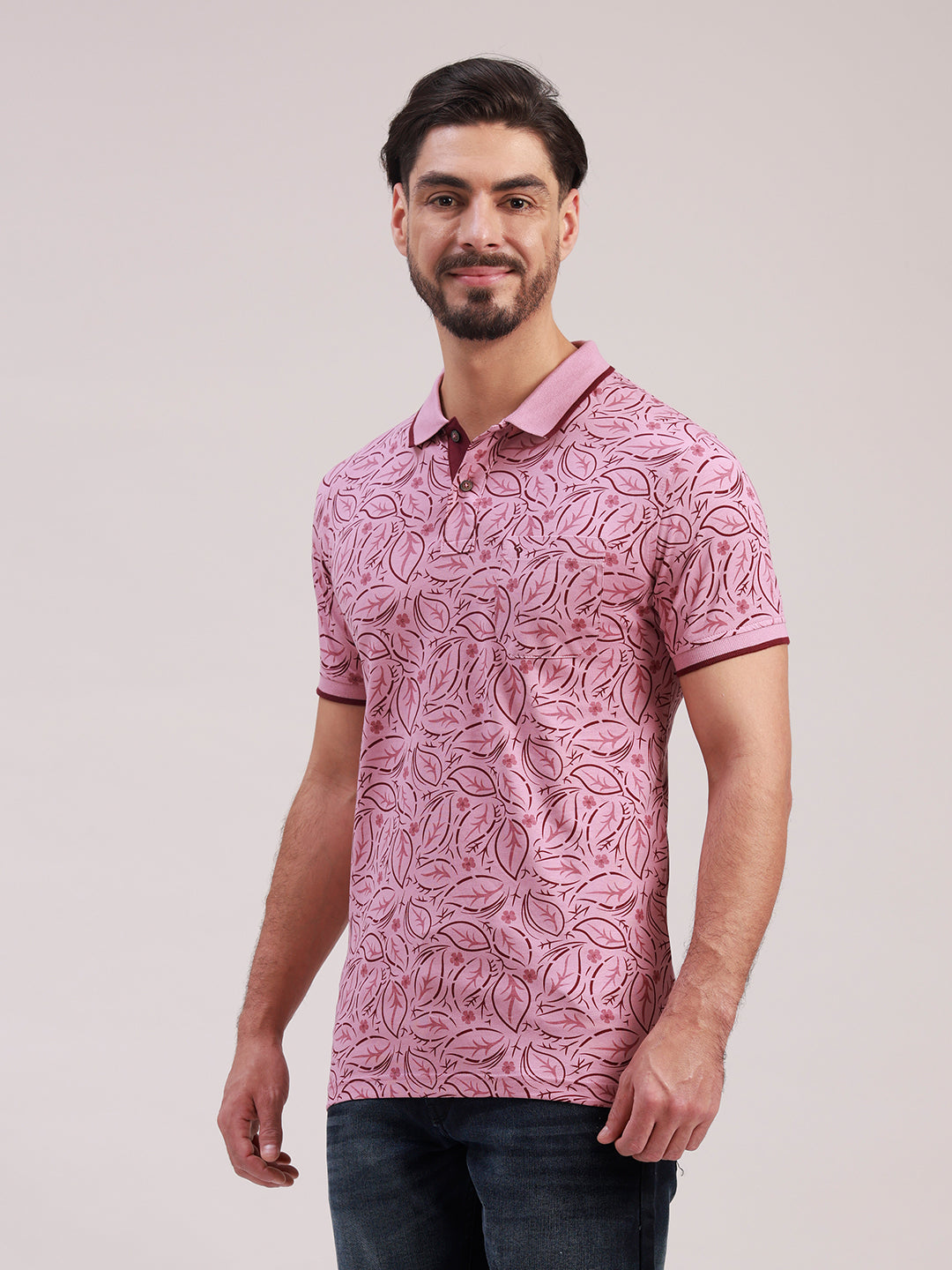 Classic Polo Men's Half Sleeve Pink/Maroon Polo Neck Slim Fit All-Over Print Cotton T-Shirt | LTS-AOP - 126 A SF P