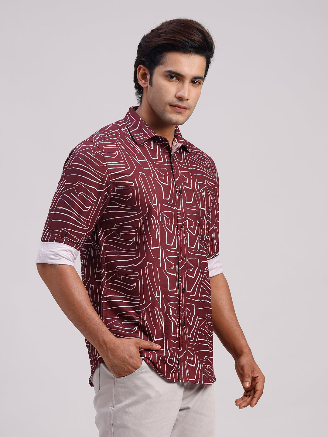 Classic Polo Men's Full Sleeve Burgundy/White Polo Neck Slim Fit All-Over Print Cotton Casual Shirt | SR1-CL-16 A-FS-PRT-SF