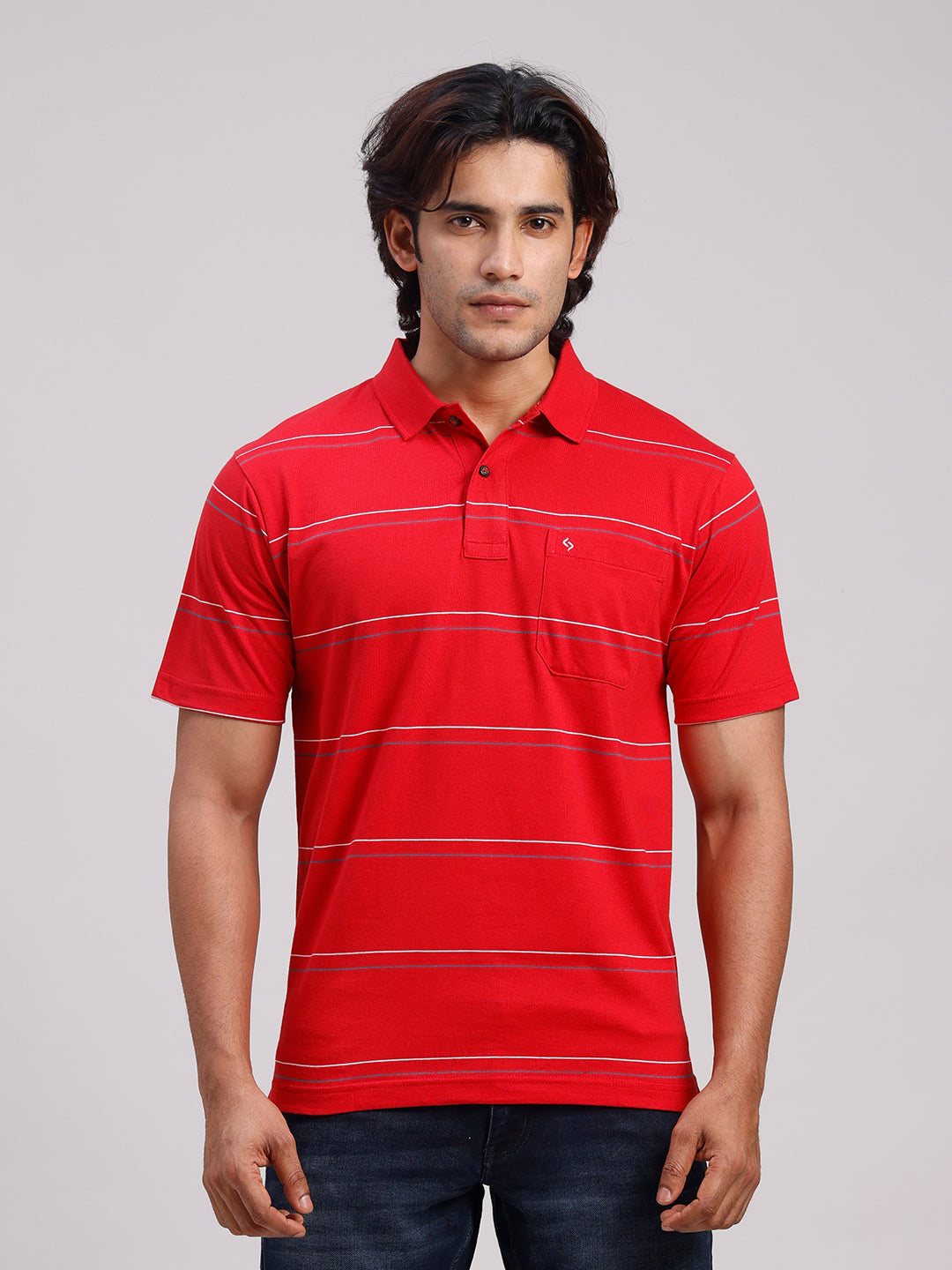 Classic Polo Men's Half Sleeve Red Polo Neck Authentic Fit Striped Cotton Blend T-Shirt | AVON - 653 A AF P