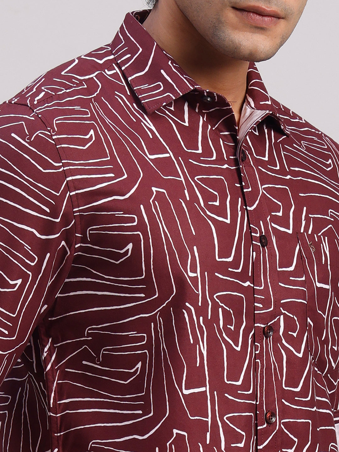 Classic Polo Men's Full Sleeve Burgundy/White Polo Neck Slim Fit All-Over Print Cotton Casual Shirt | SR1-CL-16 A-FS-PRT-SF