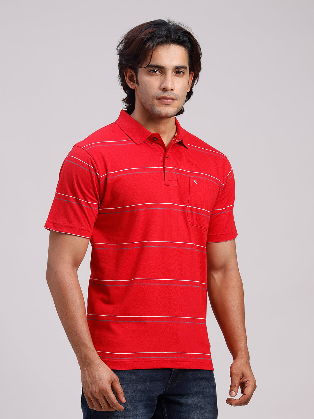 Classic Polo Men's Half Sleeve Red Polo Neck Authentic Fit Striped Cotton Blend T-Shirt | AVON - 653 A AF P