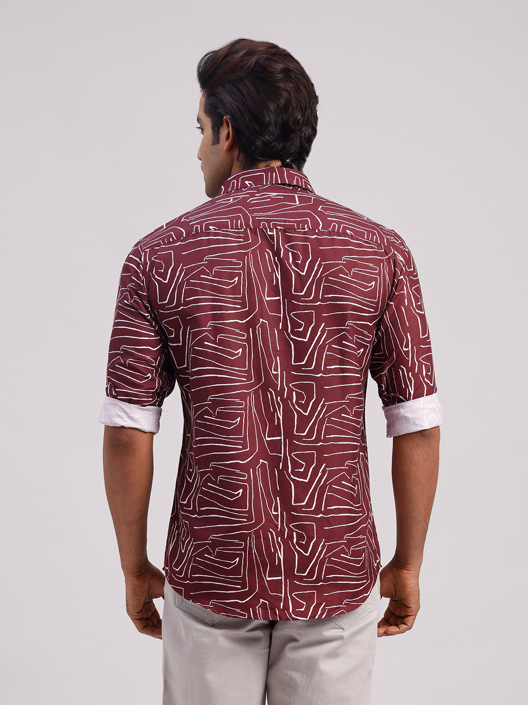 Classic Polo Men's Full Sleeve Burgundy/White Polo Neck Slim Fit All-Over Print Cotton Casual Shirt | SR1-CL-16 A-FS-PRT-SF