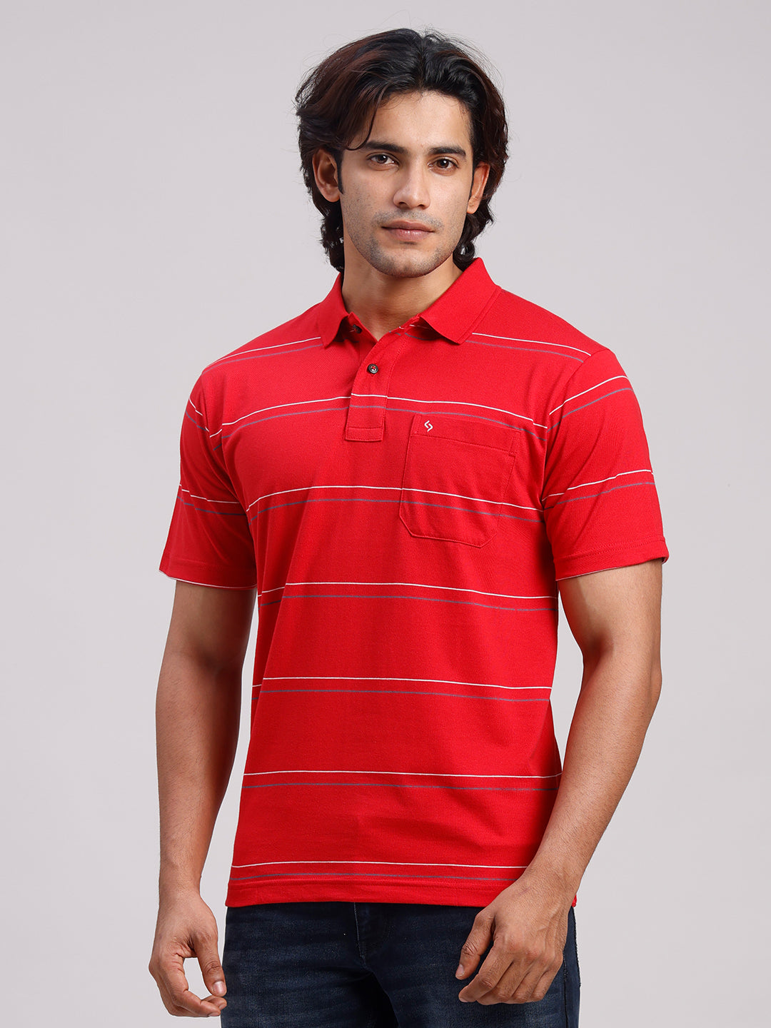 Classic Polo Men's Half Sleeve Red Polo Neck Authentic Fit Striped Cotton Blend T-Shirt | AVON - 653 A AF P