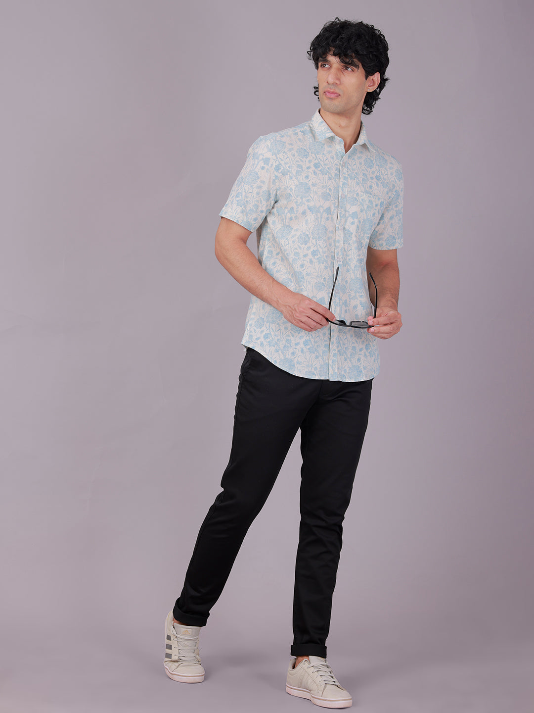 Classic Polo Men's Half Sleeve White/Blue Polo Neck Slim Fit All-Over Print Cotton Casual Shirt | SR1-EL-05 B-HS-PRT-SF
