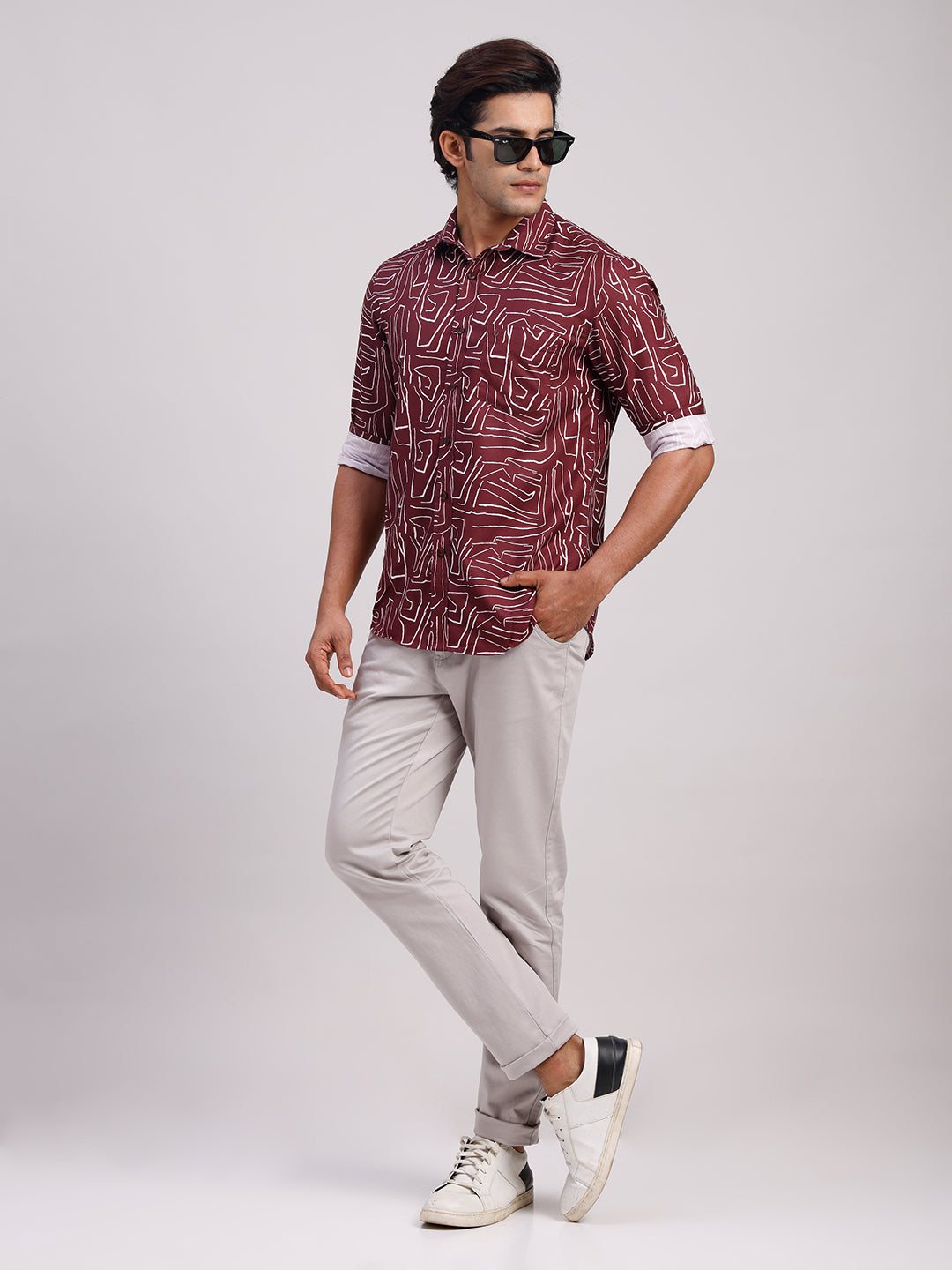 Classic Polo Men's Full Sleeve Burgundy/White Polo Neck Slim Fit All-Over Print Cotton Casual Shirt | SR1-CL-16 A-FS-PRT-SF