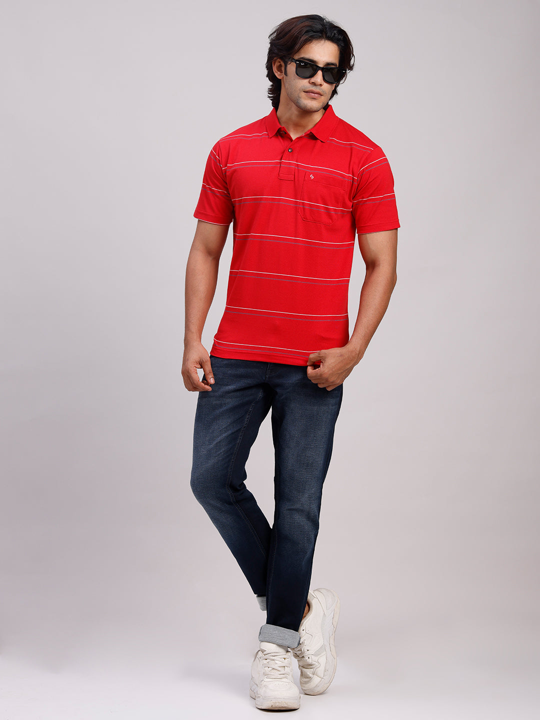 Classic Polo Men's Half Sleeve Red Polo Neck Authentic Fit Striped Cotton Blend T-Shirt | AVON - 653 A AF P