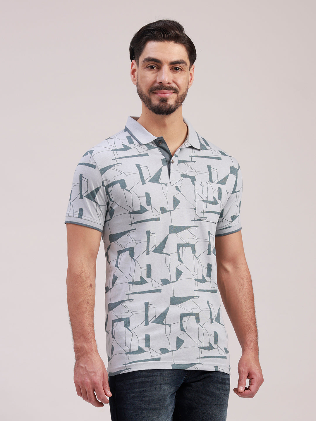 Classic Polo Men's Half Sleeve Grey Polo Neck Slim Fit All-Over Print Cotton T-Shirt | LTS-AOP - 119 A SF P
