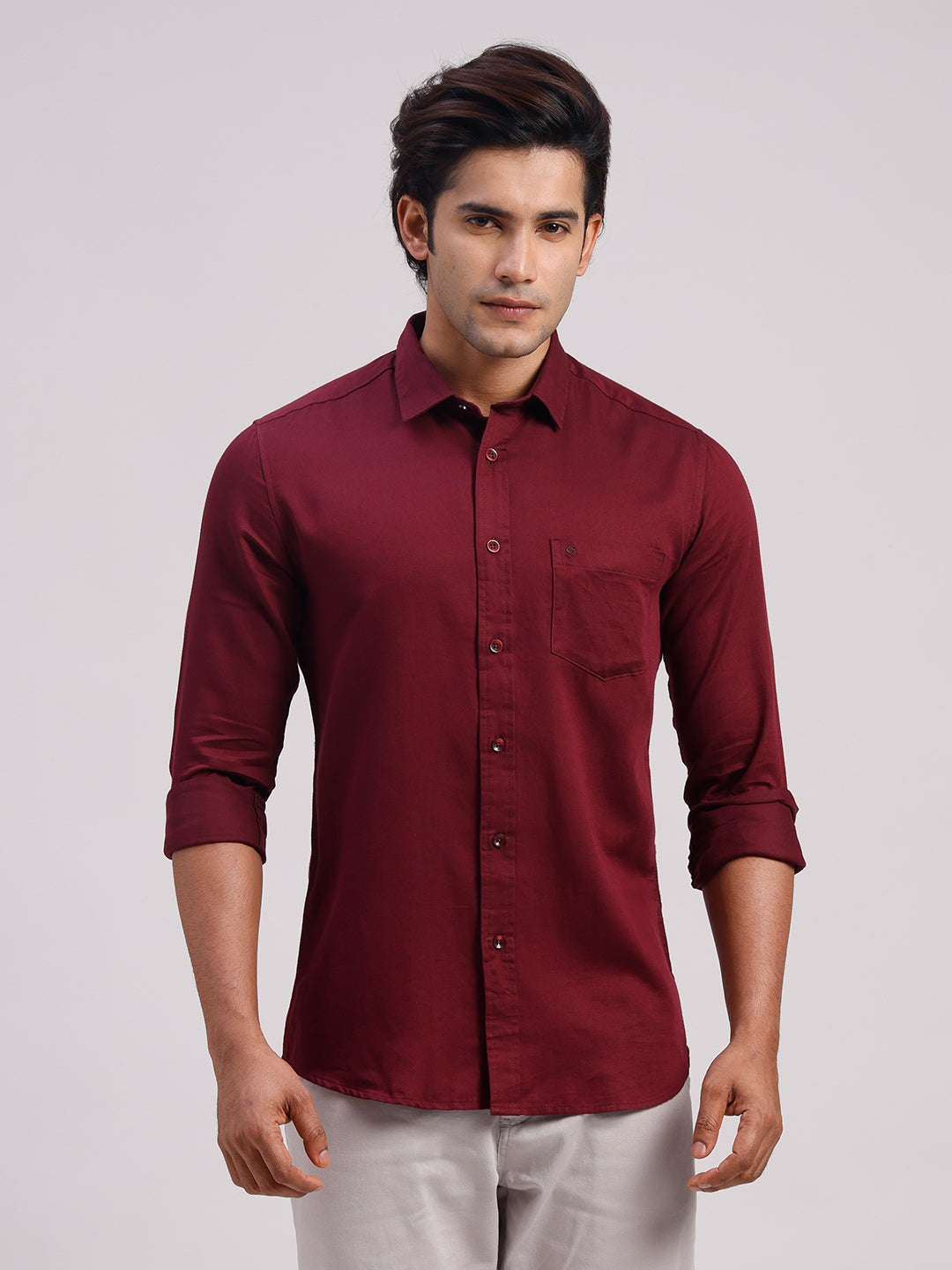 Classic Polo Men's Full Sleeve Maroon Polo Neck Slim Fit Solid Cotton Casual Shirt | SR1-GN-10 D-FS-SLD-SF
