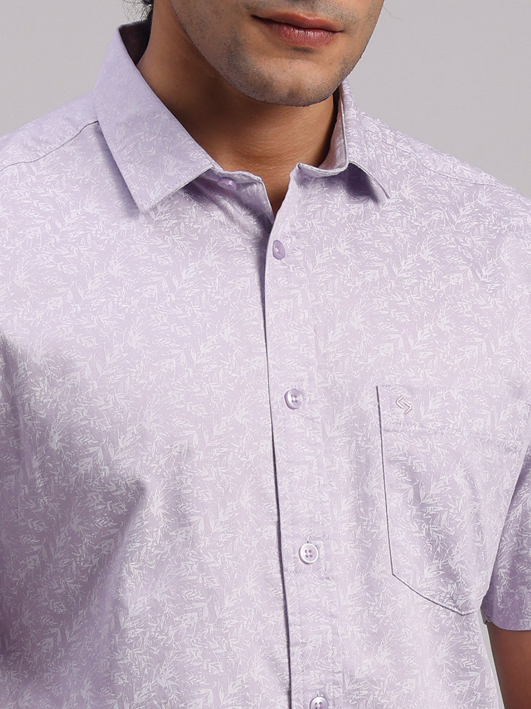 Classic Polo Men's Half Sleeve Light Lavender/White Polo Neck Slim Fit All-Over Print Cotton Casual Shirt | LSHR1-CL-18 A-HS-PRT-SF