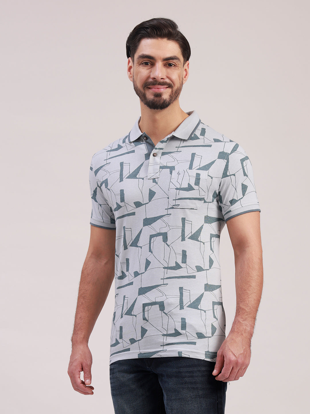 Classic Polo Men's Half Sleeve Grey Polo Neck Slim Fit All-Over Print Cotton T-Shirt | LTS-AOP - 119 A SF P