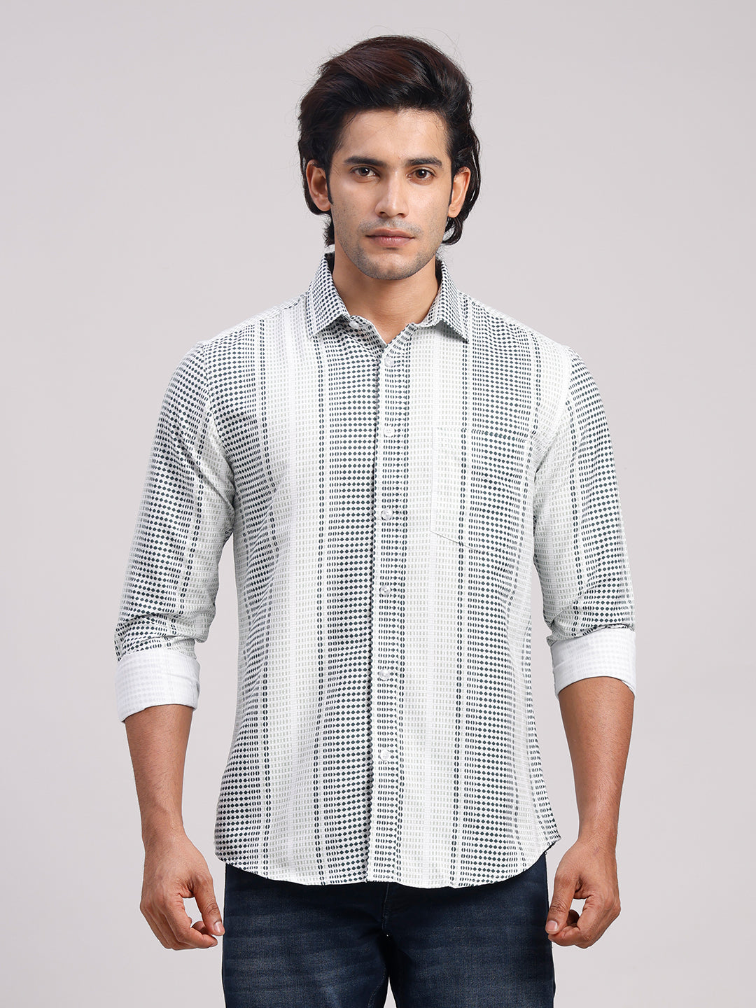 Classic Polo Men's Full Sleeve White/Grey Polo Neck Slim Fit All-Over Print Cotton Casual Shirt | LSHR1-CL-11 A-FS-PRT-SF