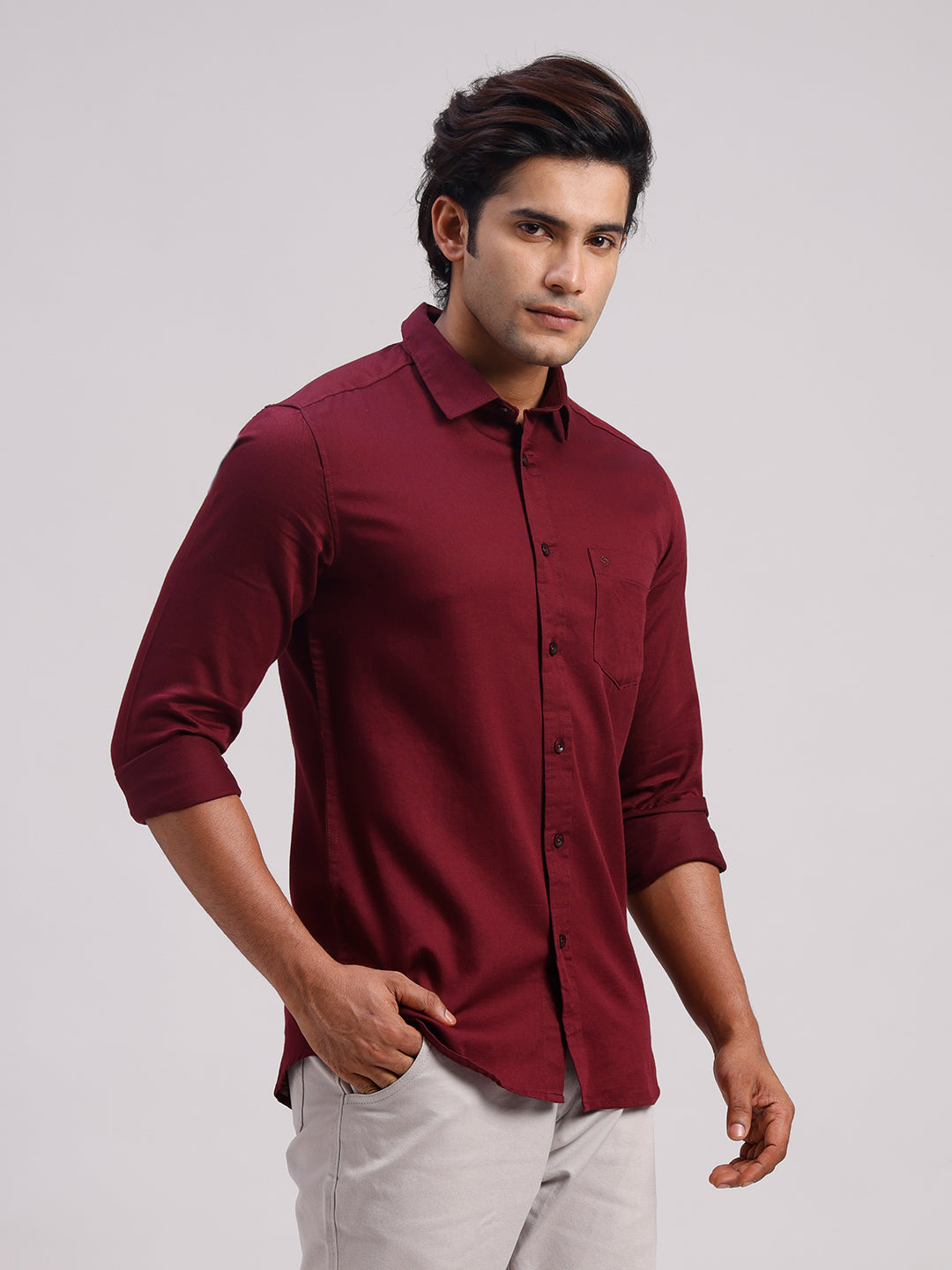Classic Polo Men's Full Sleeve Maroon Polo Neck Slim Fit Solid Cotton Casual Shirt | SR1-GN-10 D-FS-SLD-SF
