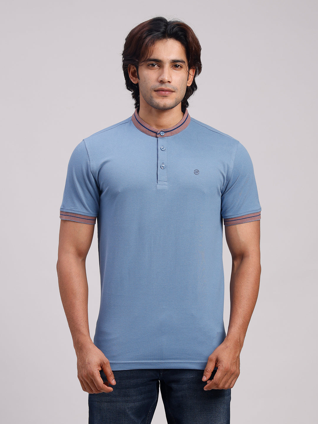 Classic Polo Men's Half Sleeve Blue Mandarin Collar Slim Fit Solid Cotton T-Shirt | PRM - 814 B SF P