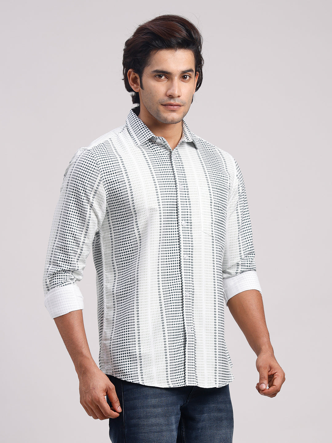 Classic Polo Men's Full Sleeve White/Grey Polo Neck Slim Fit All-Over Print Cotton Casual Shirt | LSHR1-CL-11 A-FS-PRT-SF