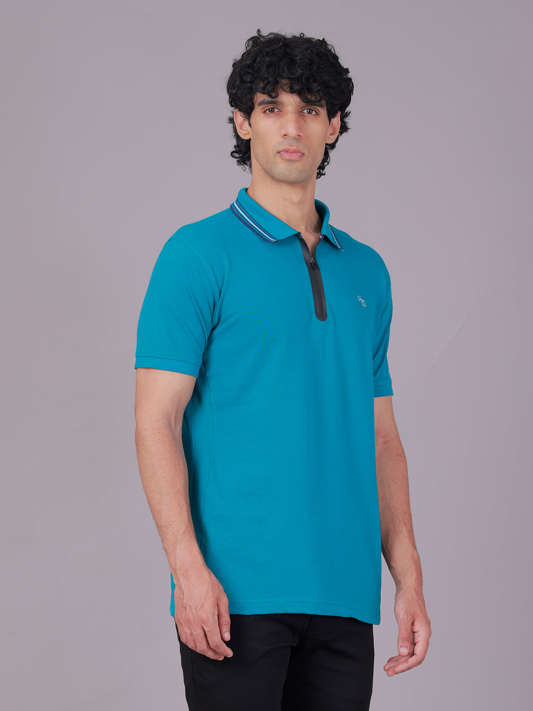 Classic Polo Men's Half Sleeve Teal Blue Polo Neck Slim Fit Solid Cotton Zipper T-Shirt | PRM - 830 A SF P