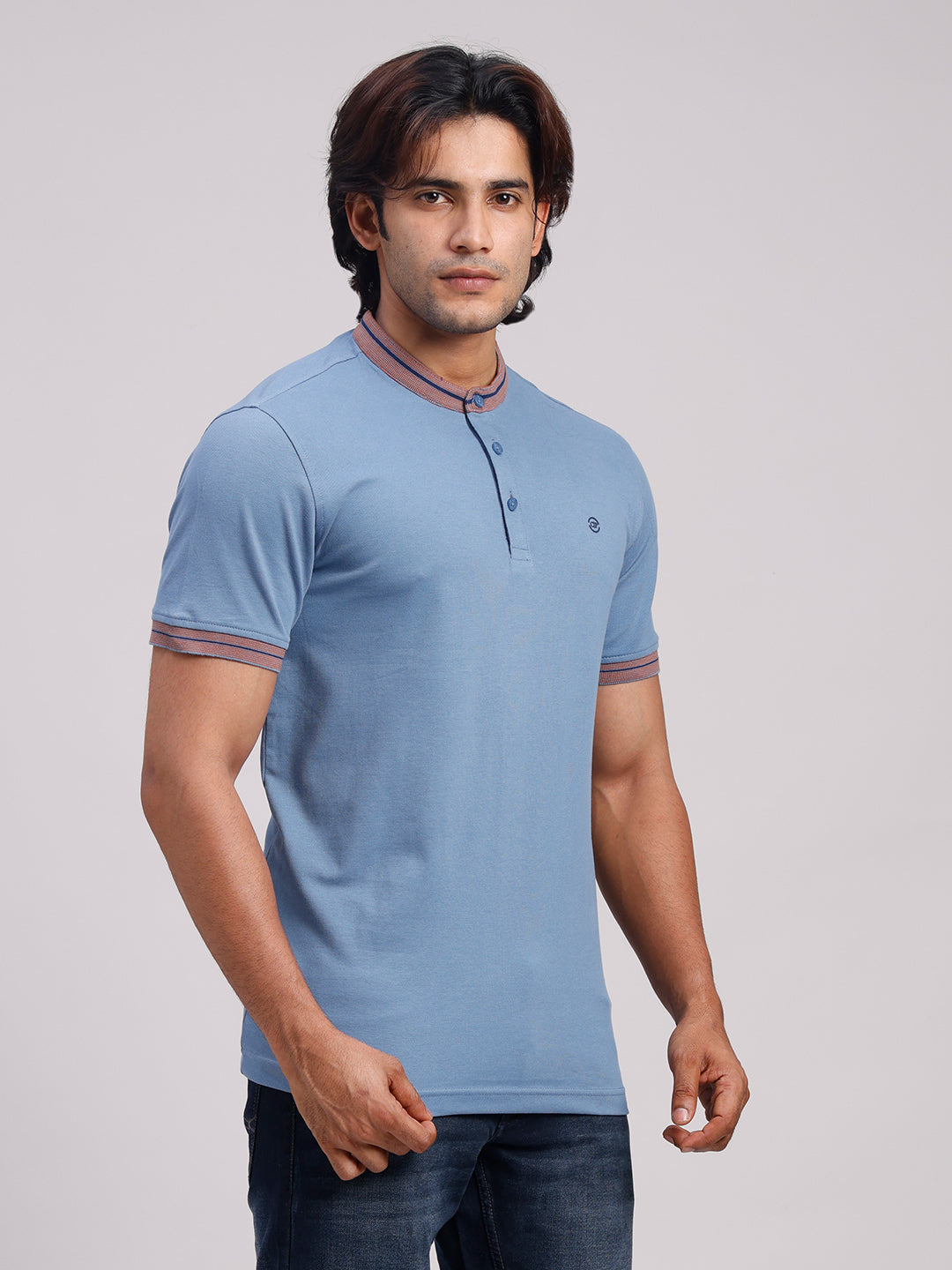 Classic Polo Men's Half Sleeve Blue Mandarin Collar Slim Fit Solid Cotton T-Shirt | PRM - 814 B SF P