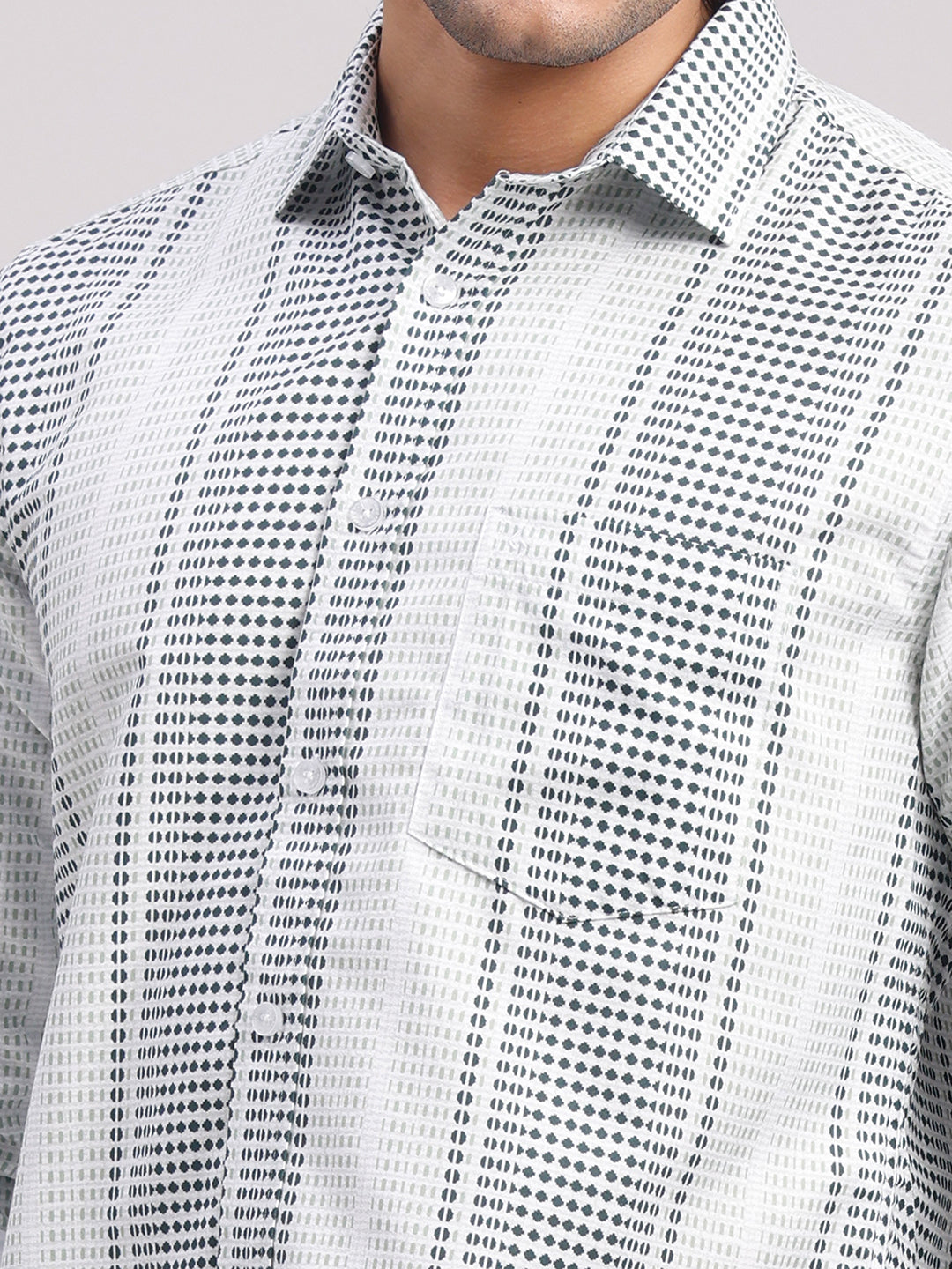 Classic Polo Men's Full Sleeve White/Grey Polo Neck Slim Fit All-Over Print Cotton Casual Shirt | LSHR1-CL-11 A-FS-PRT-SF