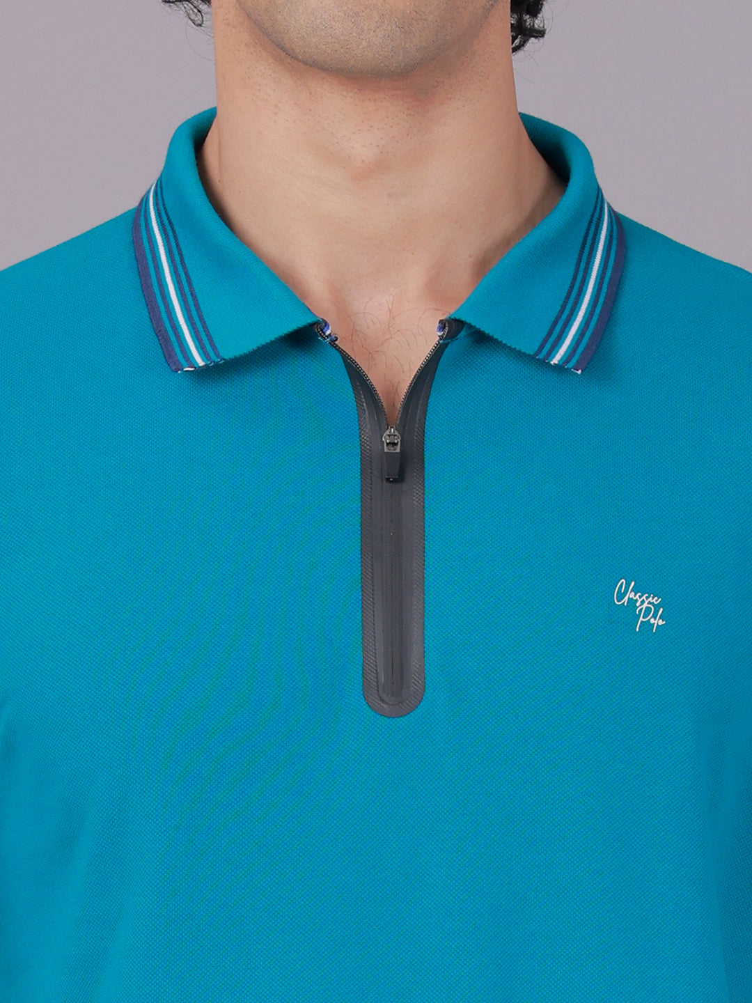 Classic Polo Men's Half Sleeve Teal Blue Polo Neck Slim Fit Solid Cotton Zipper T-Shirt | PRM - 830 A SF P