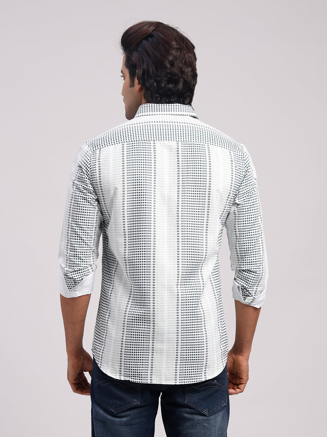 Classic Polo Men's Full Sleeve White/Grey Polo Neck Slim Fit All-Over Print Cotton Casual Shirt | LSHR1-CL-11 A-FS-PRT-SF