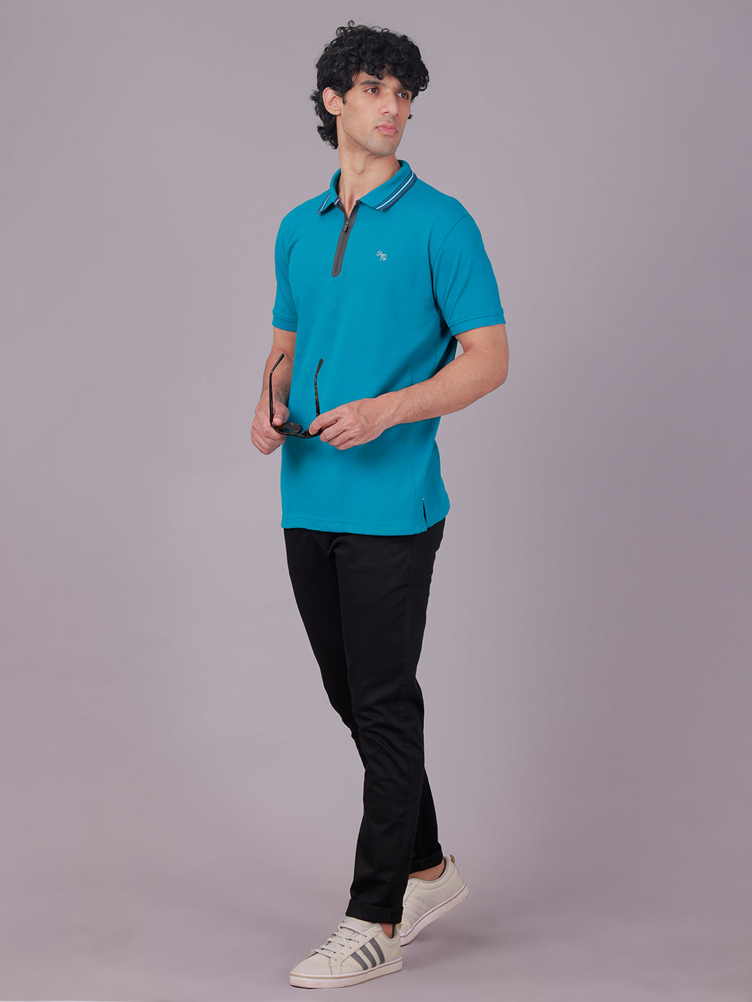 Classic Polo Men's Half Sleeve Teal Blue Polo Neck Slim Fit Solid Cotton Zipper T-Shirt | PRM - 830 A SF P