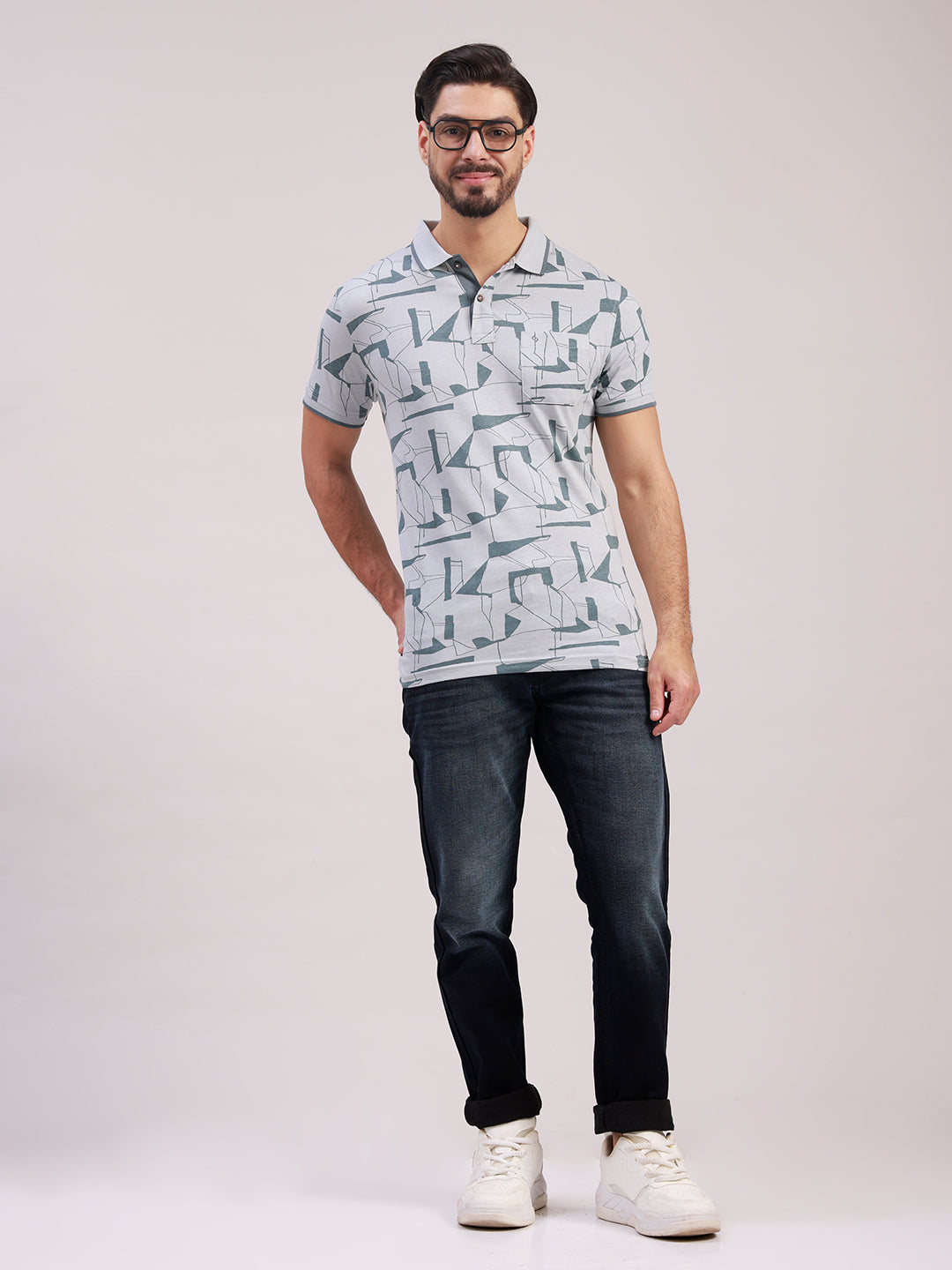 Classic Polo Men's Half Sleeve Grey Polo Neck Slim Fit All-Over Print Cotton T-Shirt | LTS-AOP - 119 A SF P