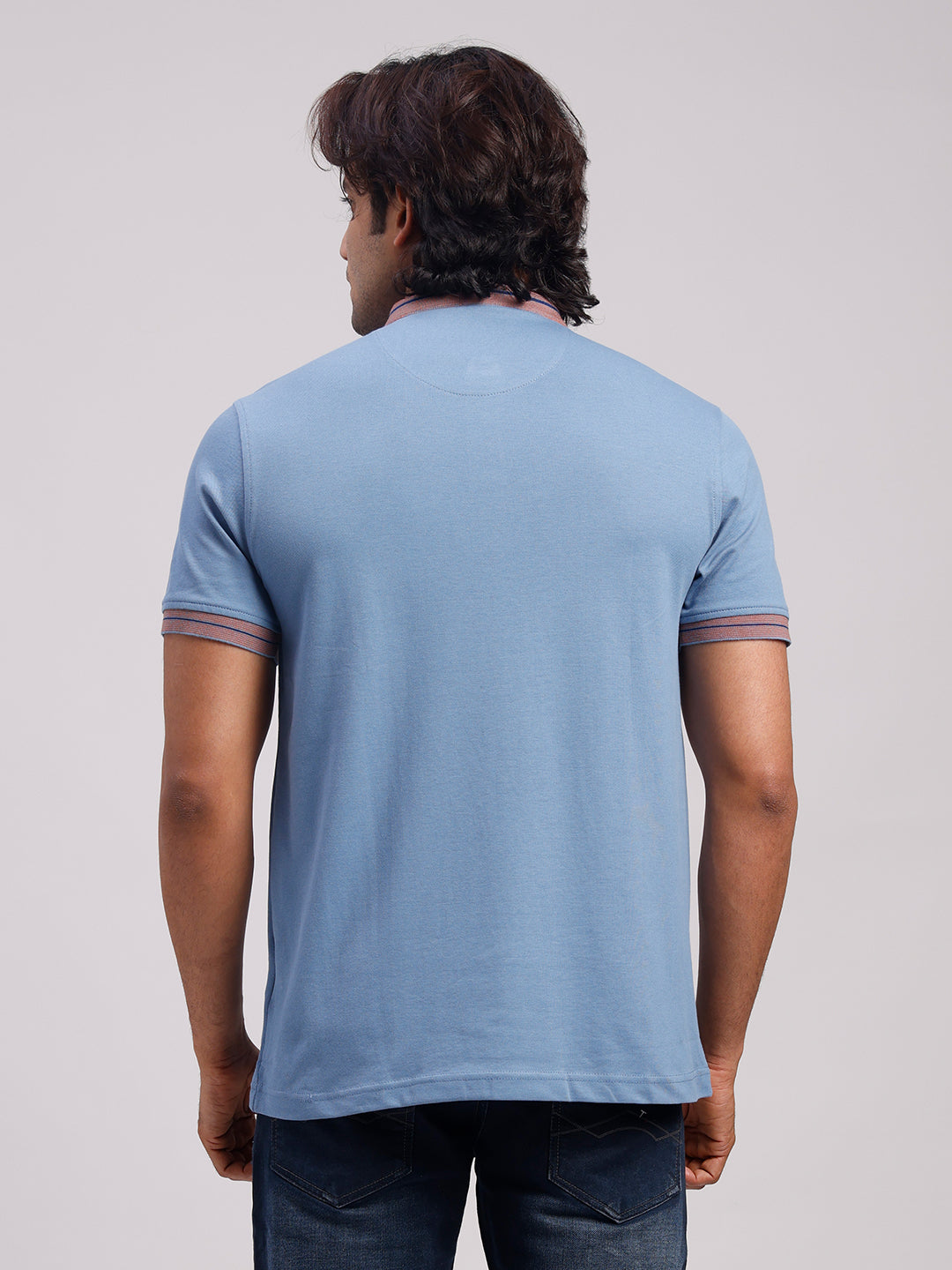 Classic Polo Men's Half Sleeve Blue Mandarin Collar Slim Fit Solid Cotton T-Shirt | PRM - 814 B SF P