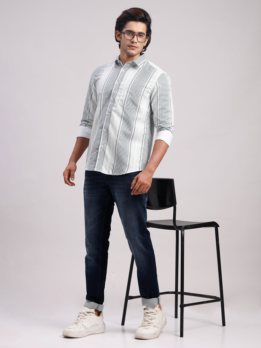 Classic Polo Men's Full Sleeve White/Grey Polo Neck Slim Fit All-Over Print Cotton Casual Shirt | LSHR1-CL-11 A-FS-PRT-SF
