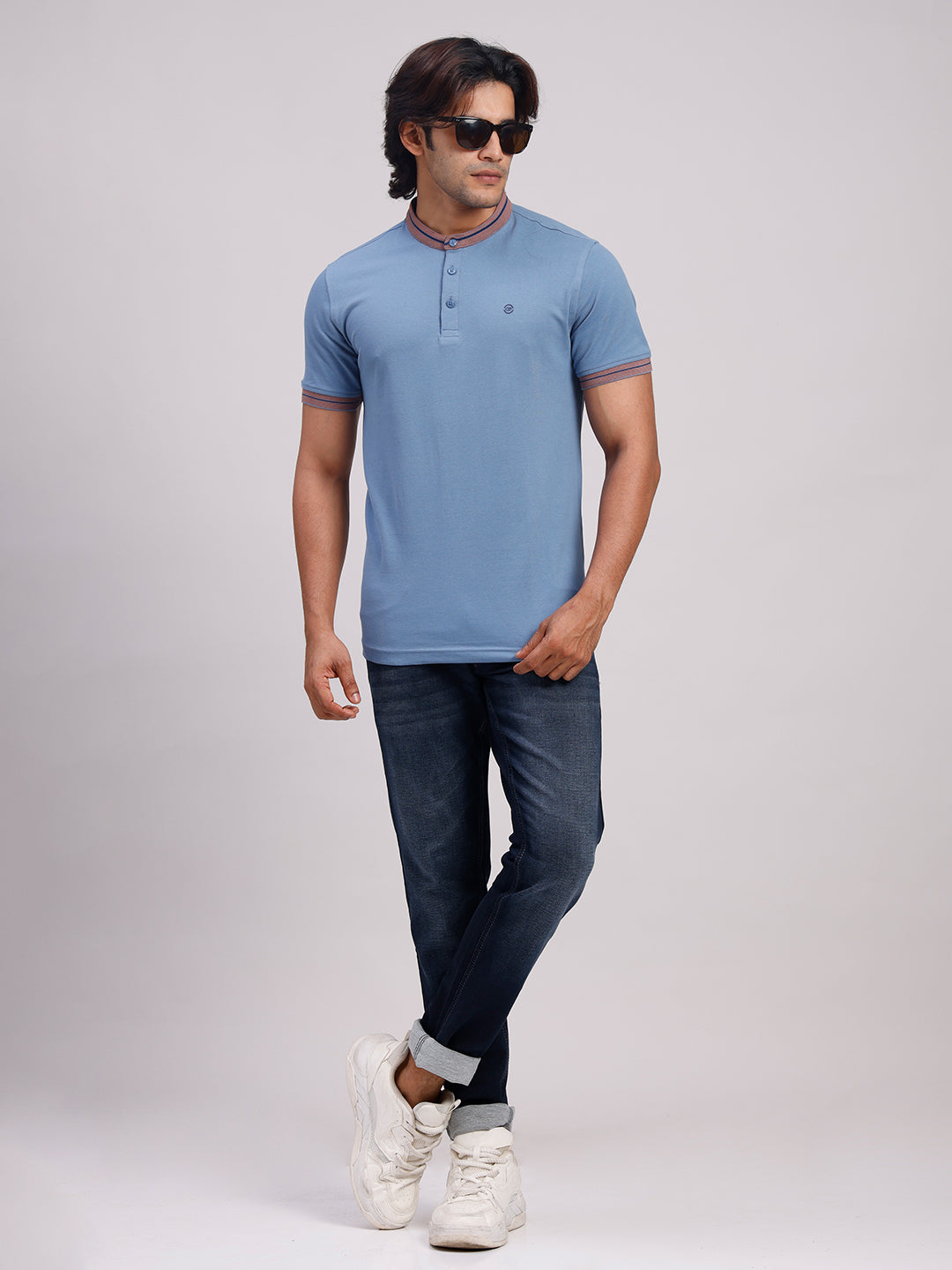 Classic Polo Men's Half Sleeve Blue Mandarin Collar Slim Fit Solid Cotton T-Shirt | PRM - 814 B SF P