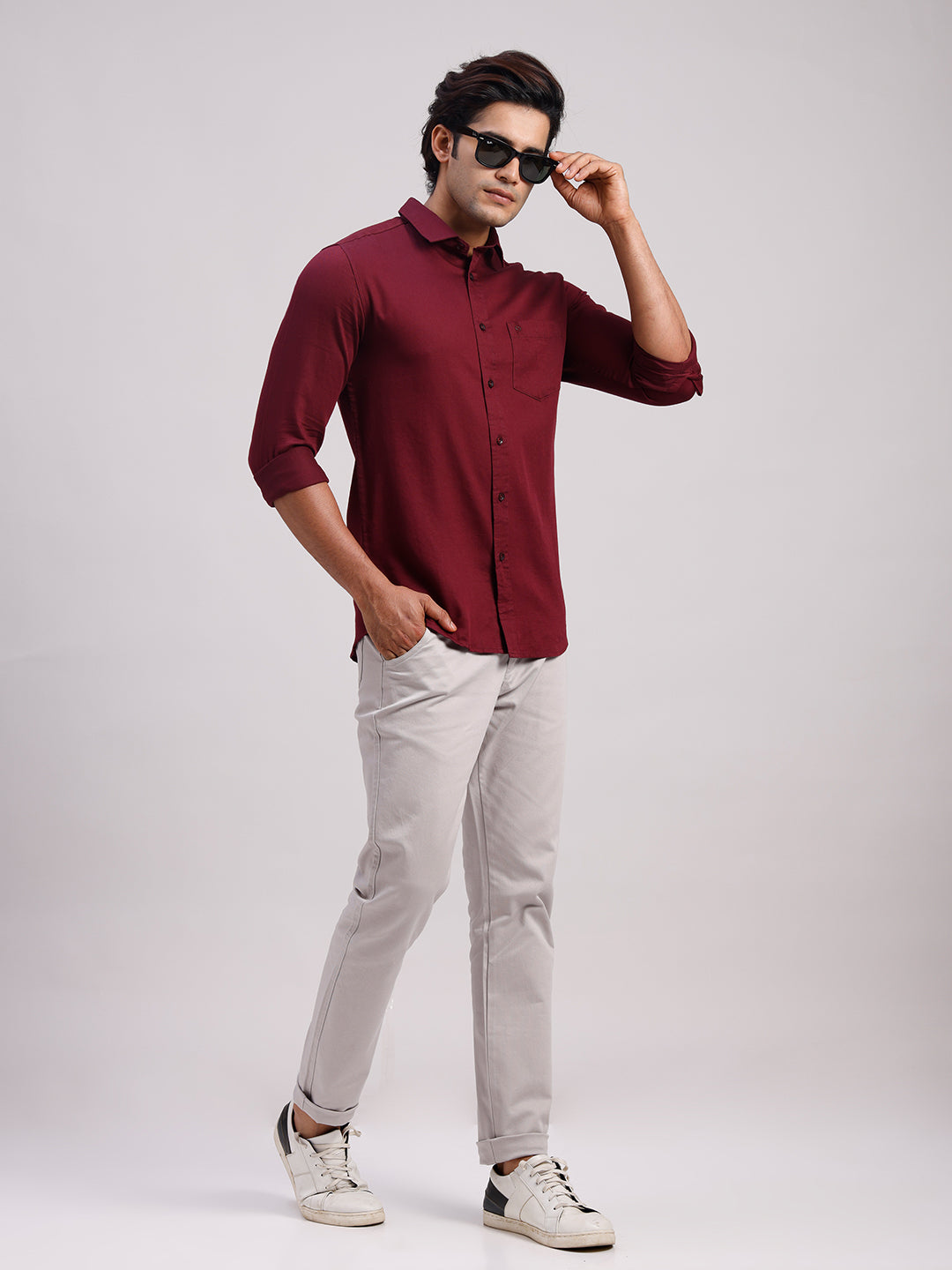 Classic Polo Men's Full Sleeve Maroon Polo Neck Slim Fit Solid Cotton Casual Shirt | SR1-GN-10 D-FS-SLD-SF