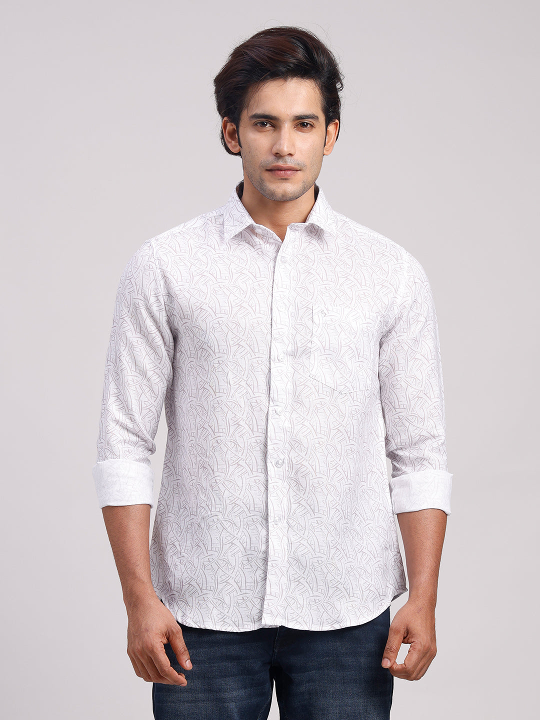 Classic Polo Men's Full Sleeve White Polo Neck Slim Fit All-Over Print Cotton Casual Shirt | SR1-CL-17 B-FS-PRT-SF
