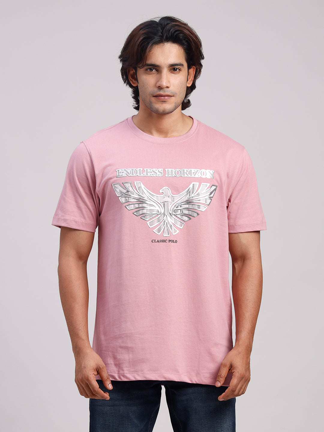 Classic Polo Men's Half Sleeve Pink Round Neck Slim Fit Printed Cotton T-Shirt | BALENO - 637 A SF C