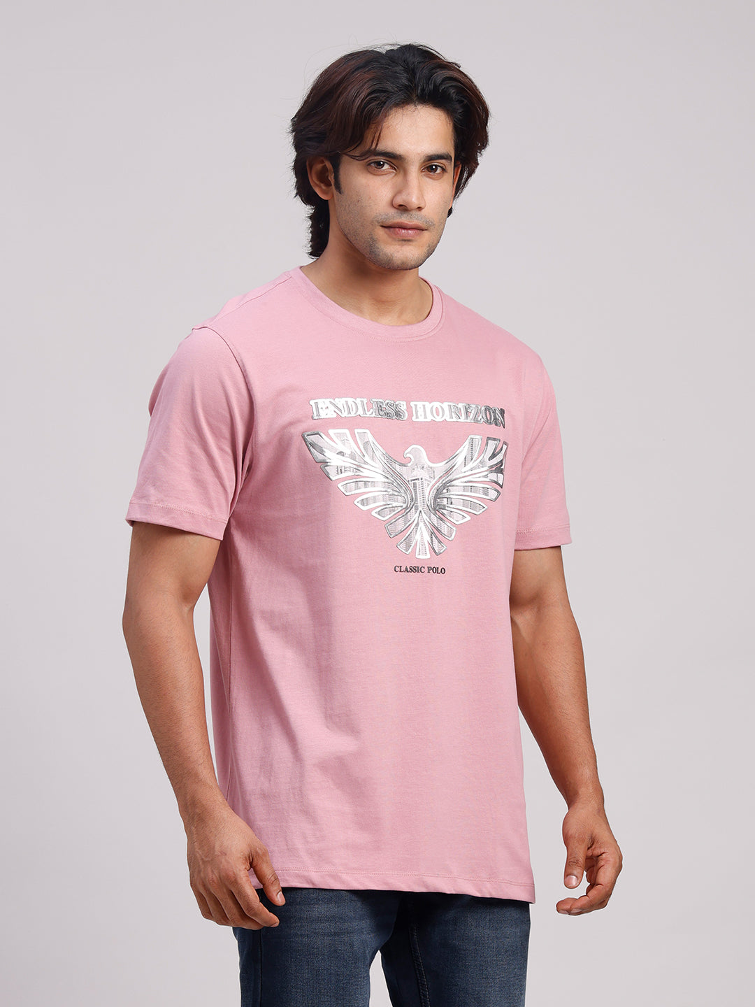 Classic Polo Men's Half Sleeve Pink Round Neck Slim Fit Printed Cotton T-Shirt | BALENO - 637 A SF C