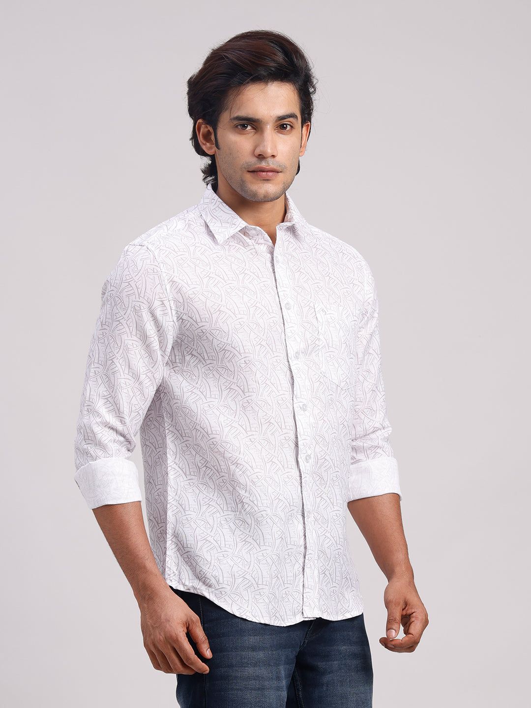 Classic Polo Men's Full Sleeve White Polo Neck Slim Fit All-Over Print Cotton Casual Shirt | SR1-CL-17 B-FS-PRT-SF