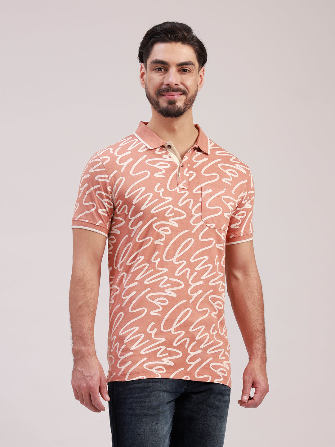 Classic Polo Men's Half Sleeve Peach/White Polo Neck Slim Fit All-Over Print Cotton T-Shirt | LTS-AOP - 120 B SF P
